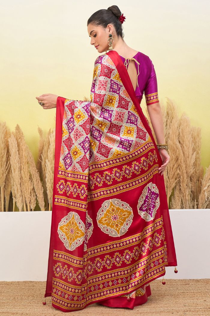 Buy MySilkLove Thistle Purple and Red Patola Printed Satin Crepe Silk Saree Online