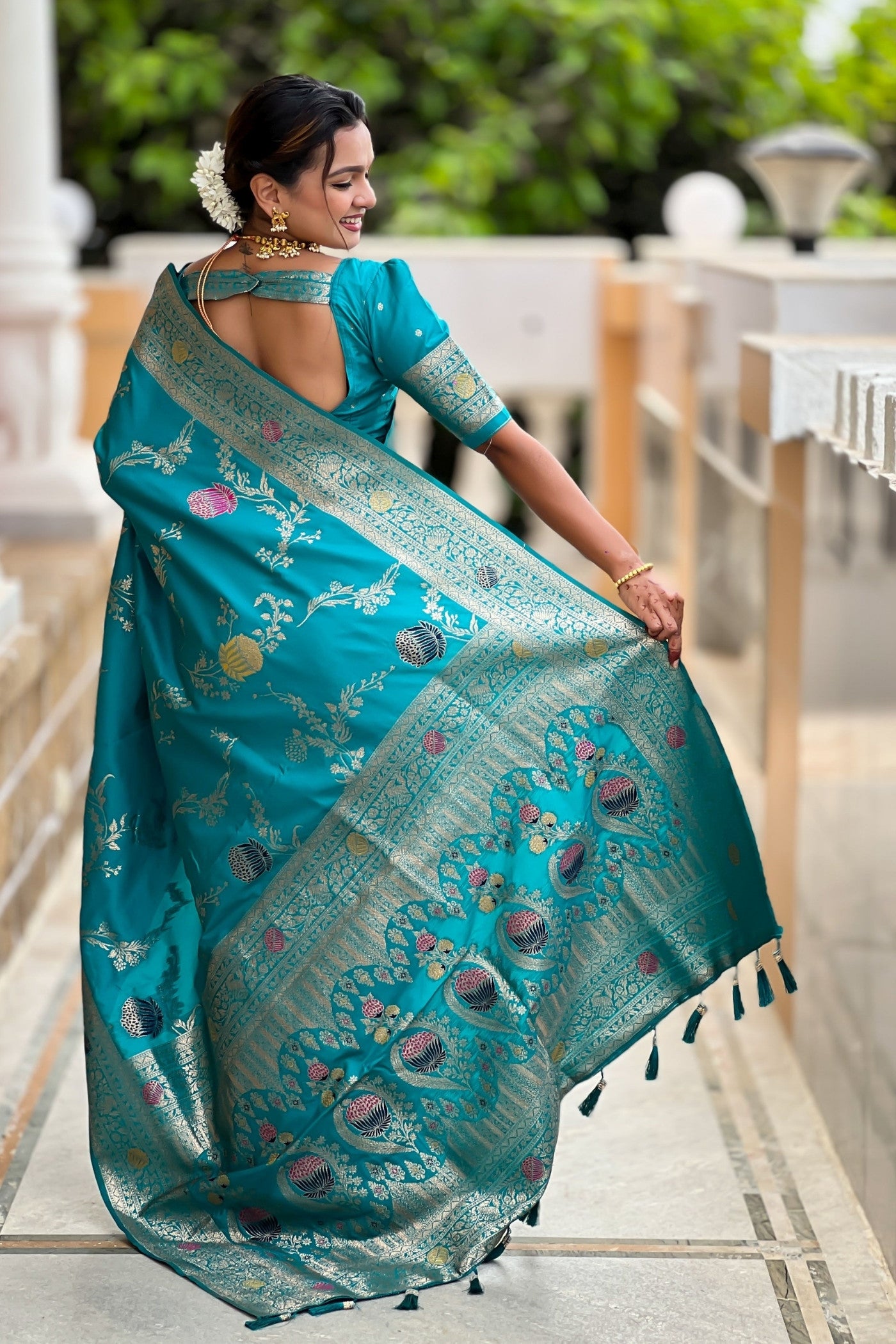 Buy MySilkLove Cerulean Blue Woven Banarasi Saree Online