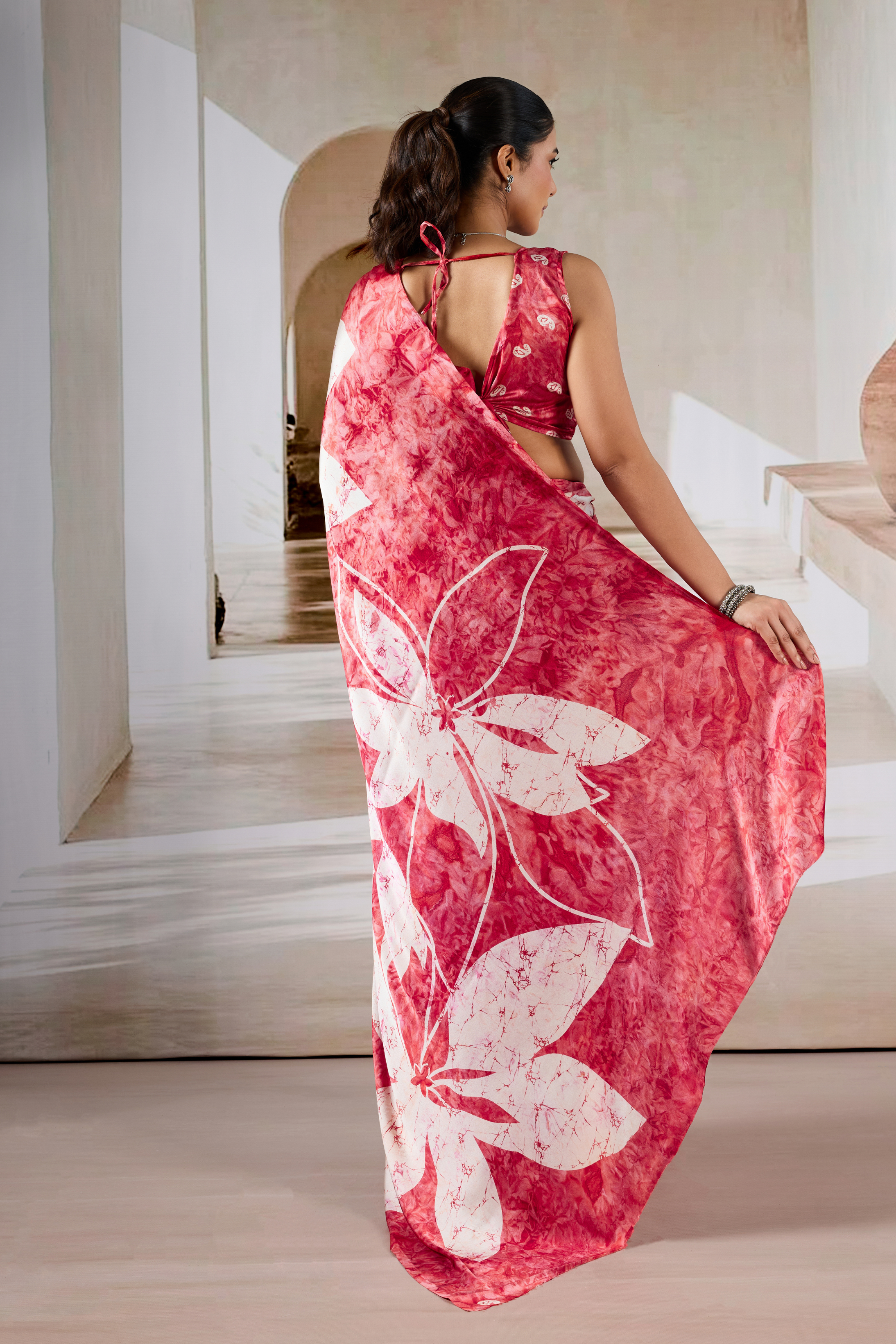 Buy MySilkLove Well Red Modal Satin Hand Prism Print Saree Online