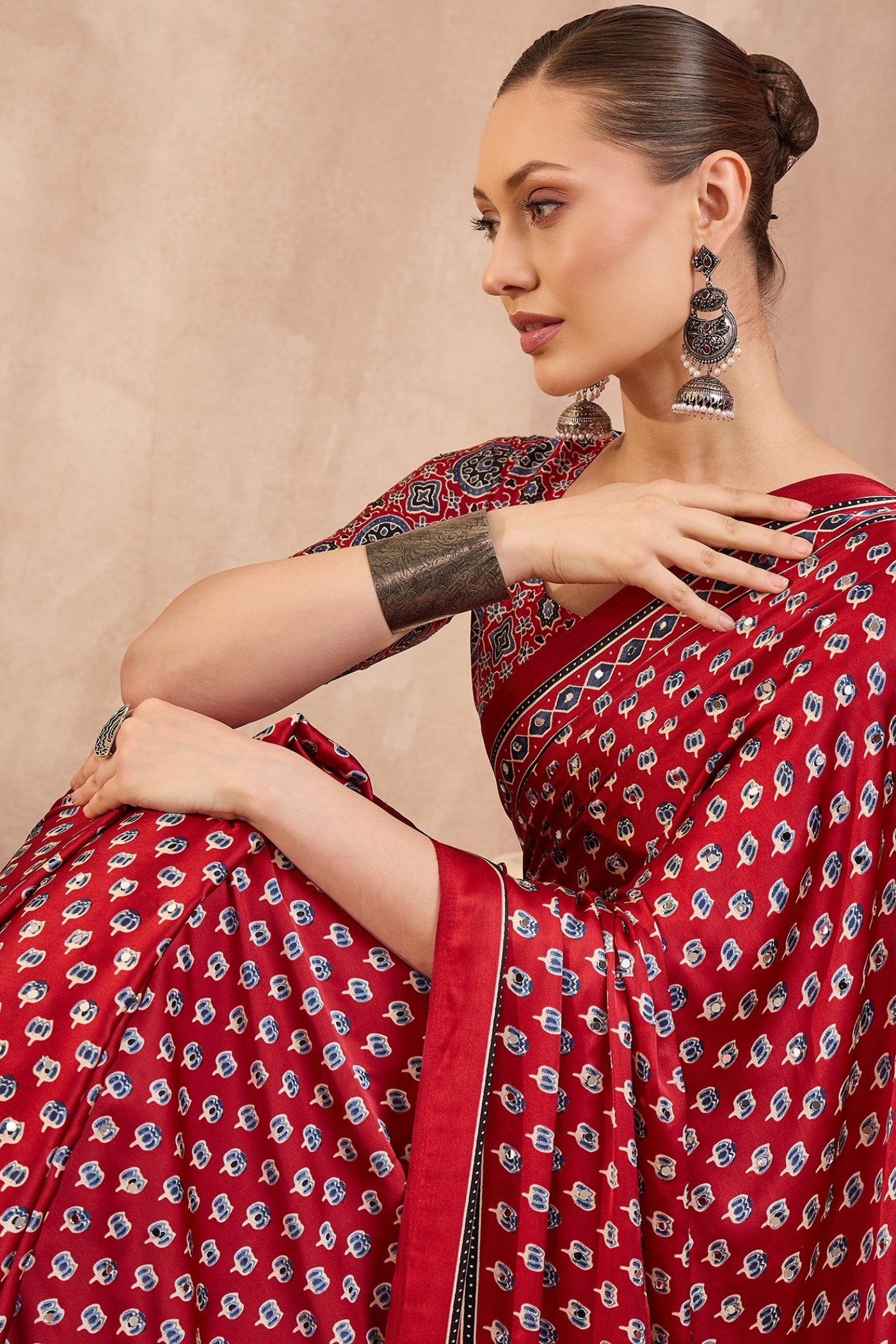 Buy MySilkLove Rosewood Red Modal Ajrakh Satin Printed Silk Saree Online