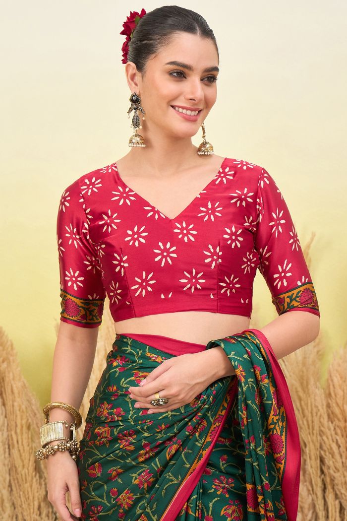 Buy MySilkLove Jungle Green and Red Modal Satin Printed Silk Saree Online