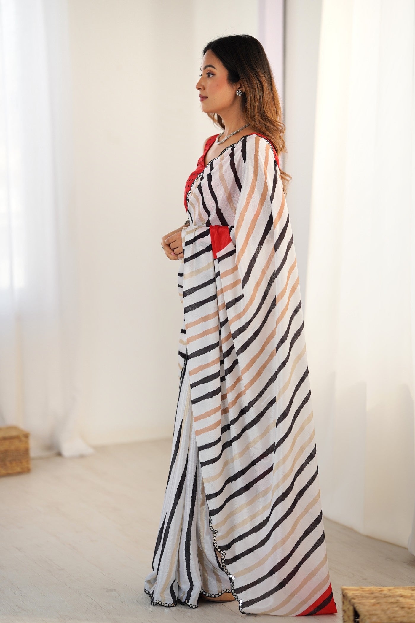 Buy MySilkLove Daisy White Strips Chinon Partywear Saree Online