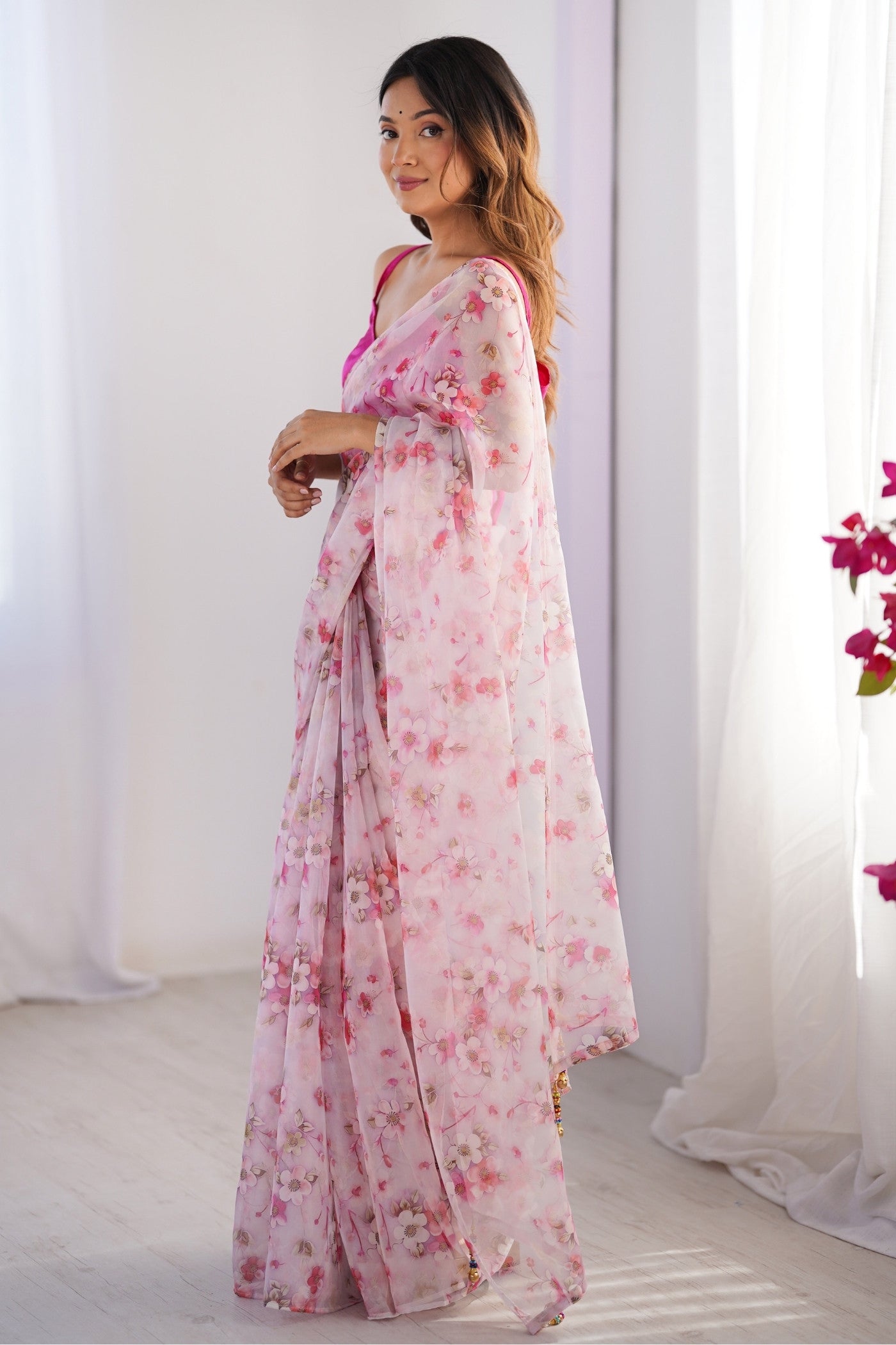 Buy MySilkLove Cherry Pink Organza Printed Saree Online