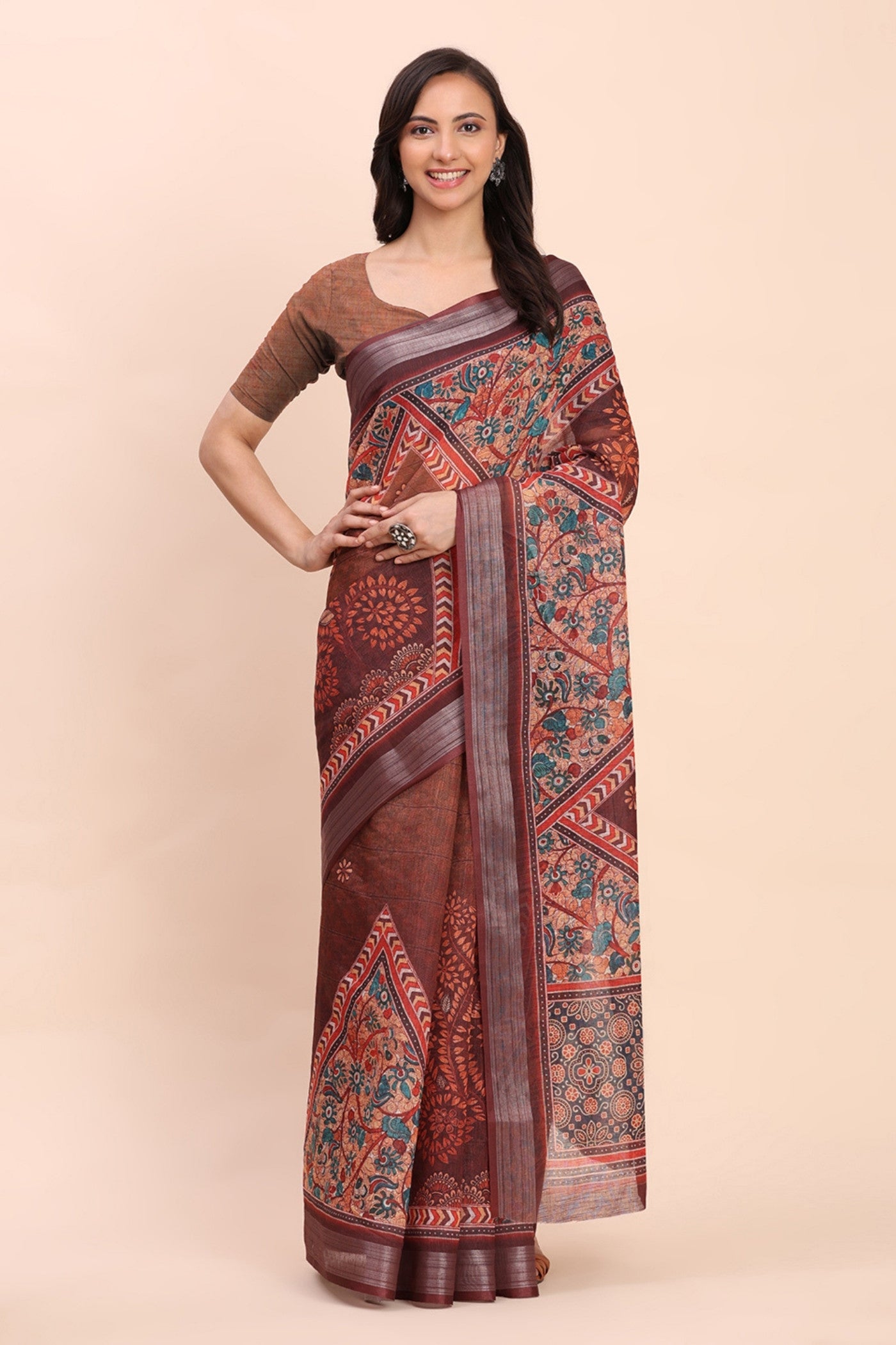 Buy MySilkLove Russet Brown Woven Linen Cotton Saree Online