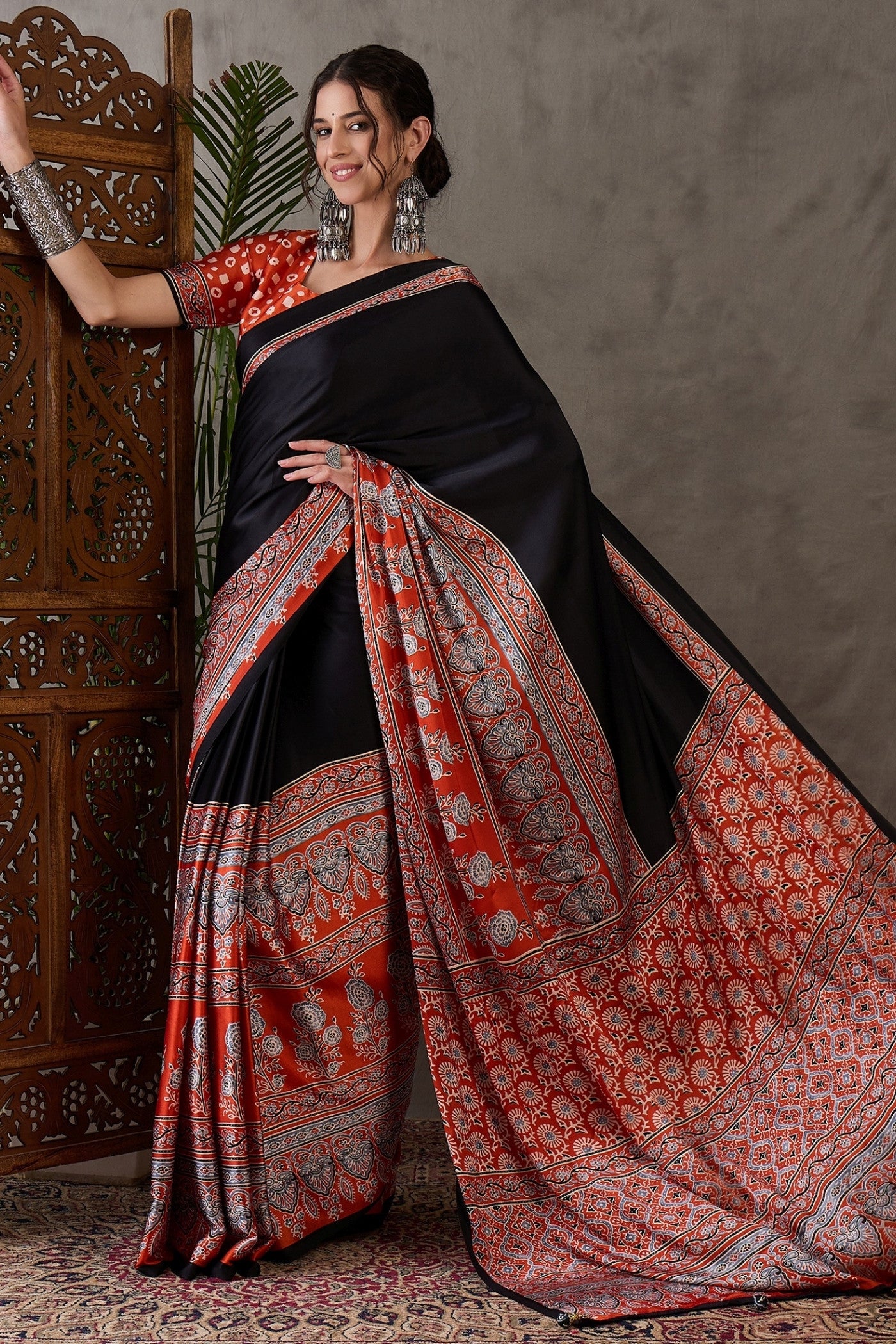 Buy MySilkLove Licorice Black Printed Satin Gaji Silk Saree Online