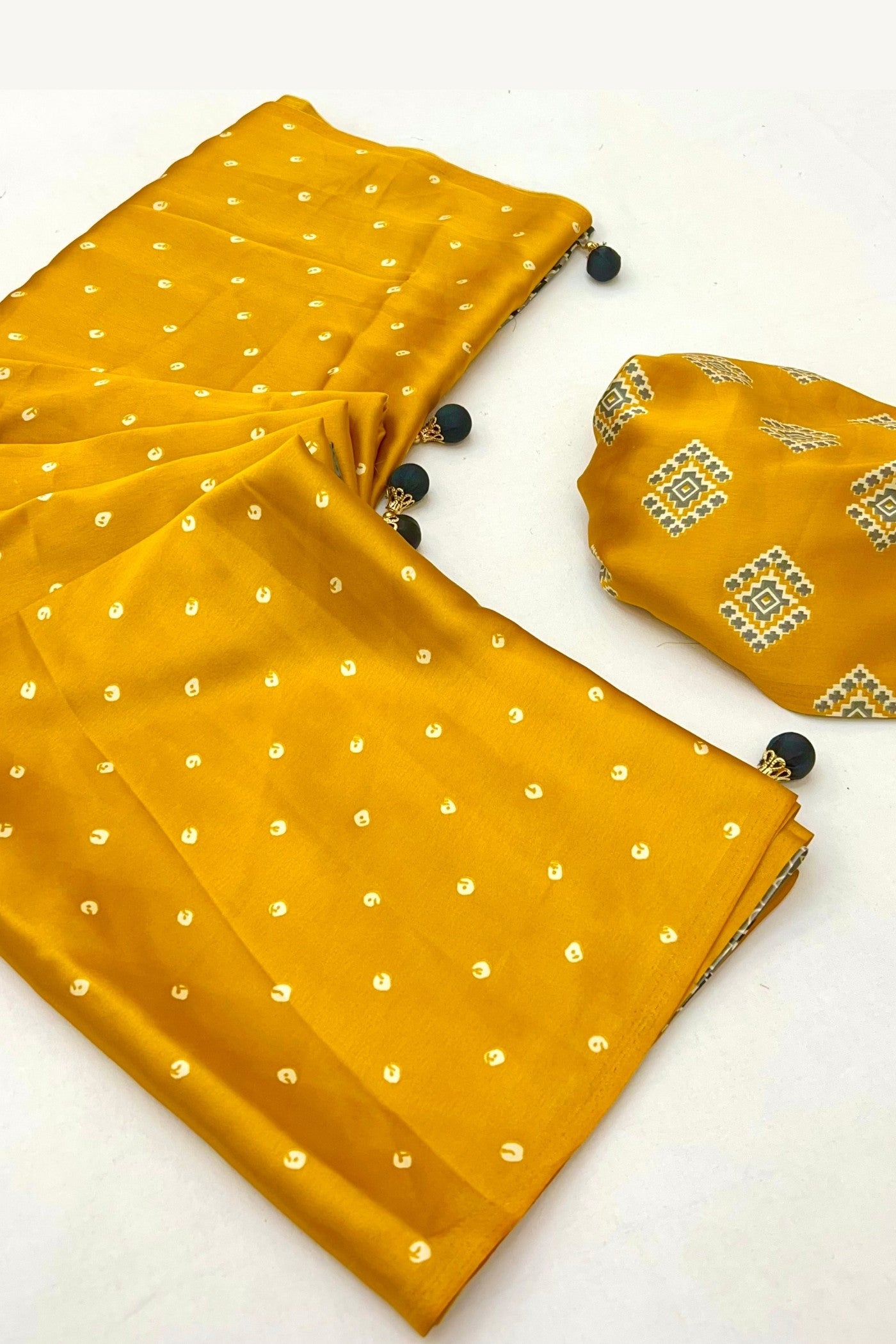 Buy MySilkLove Royal Yellow Ajrakh Printed Satin Crepe Silk Saree Online