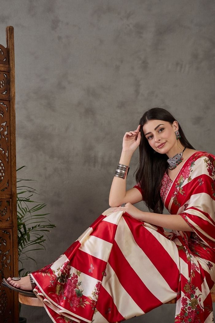 Buy MySilkLove Fire Red Stripe Printed Floral Satin Gaji Silk Saree Online
