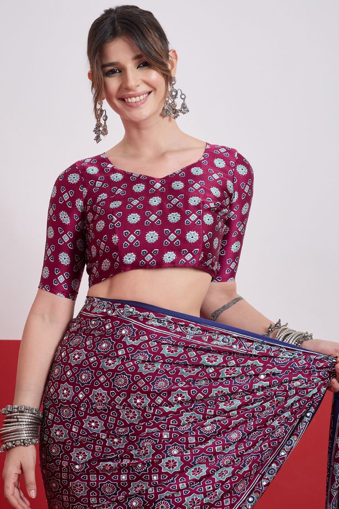 Buy MySilkLove Coral Purple Modal Ajrakh Satin Printed Mirror Work Saree Online