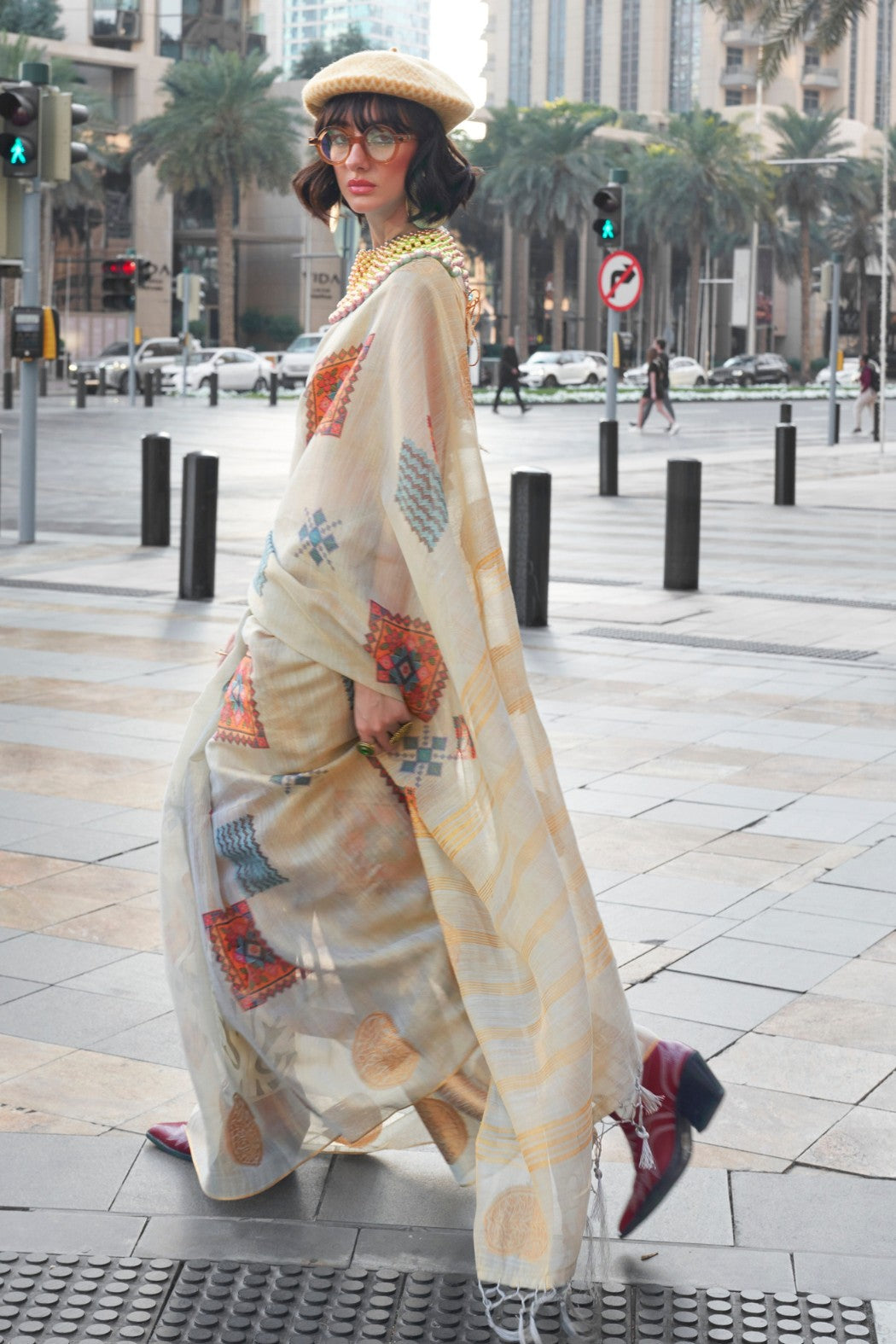 Buy MySilkLove Almond Cream Printed Handloom Zari Tissue Saree Online