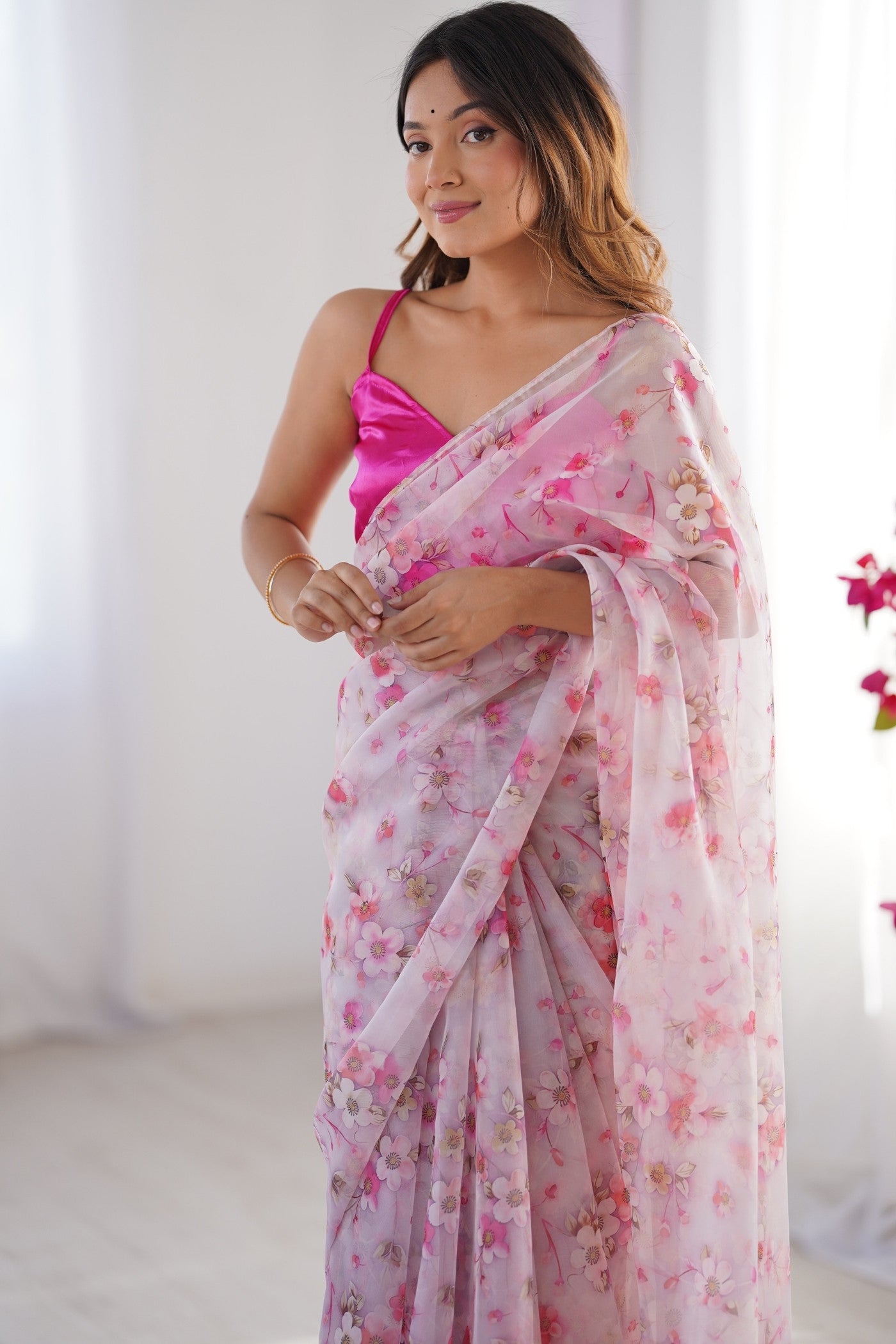 Buy MySilkLove Cherry Pink Organza Printed Saree Online