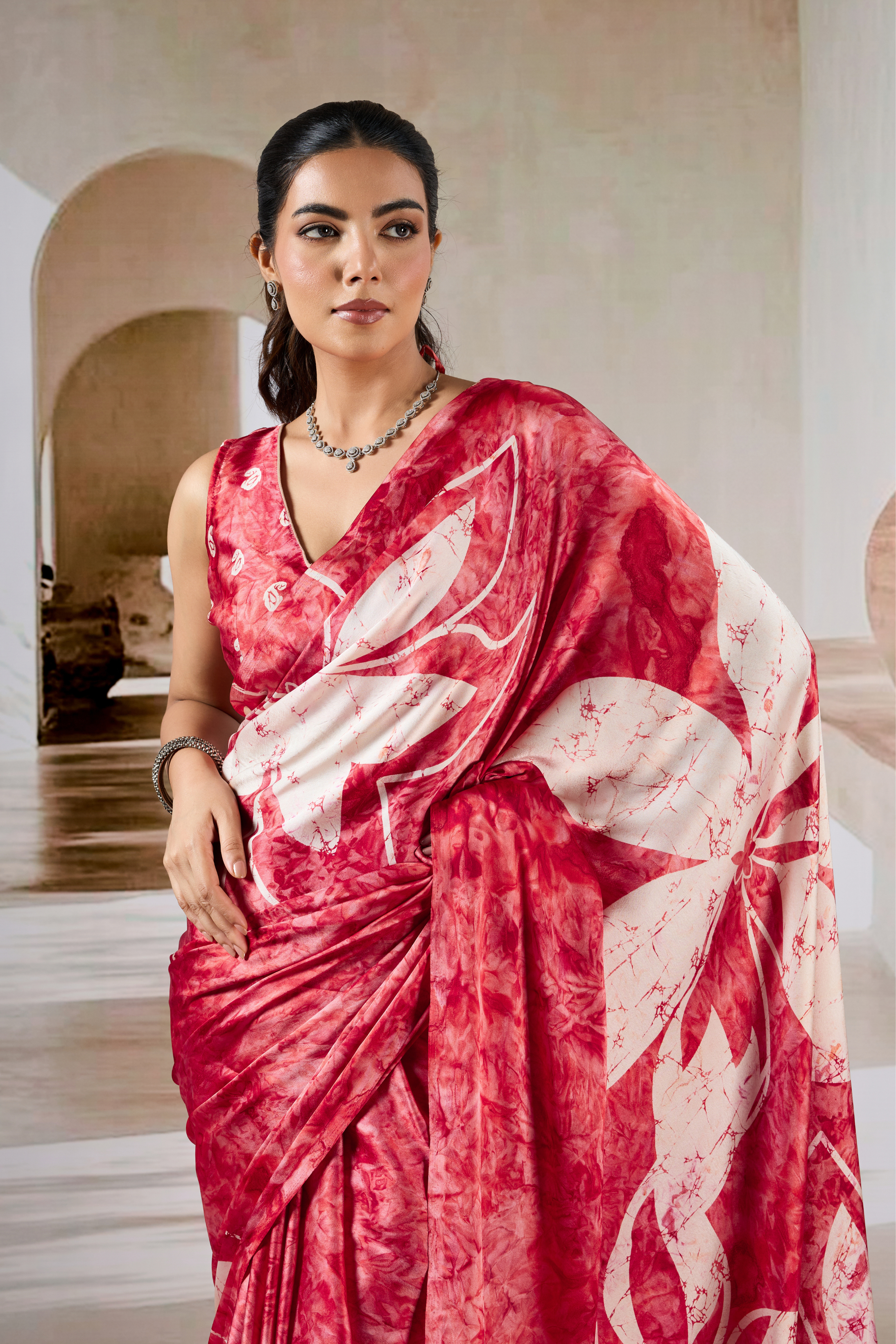 Buy MySilkLove Well Red Modal Satin Hand Prism Print Saree Online