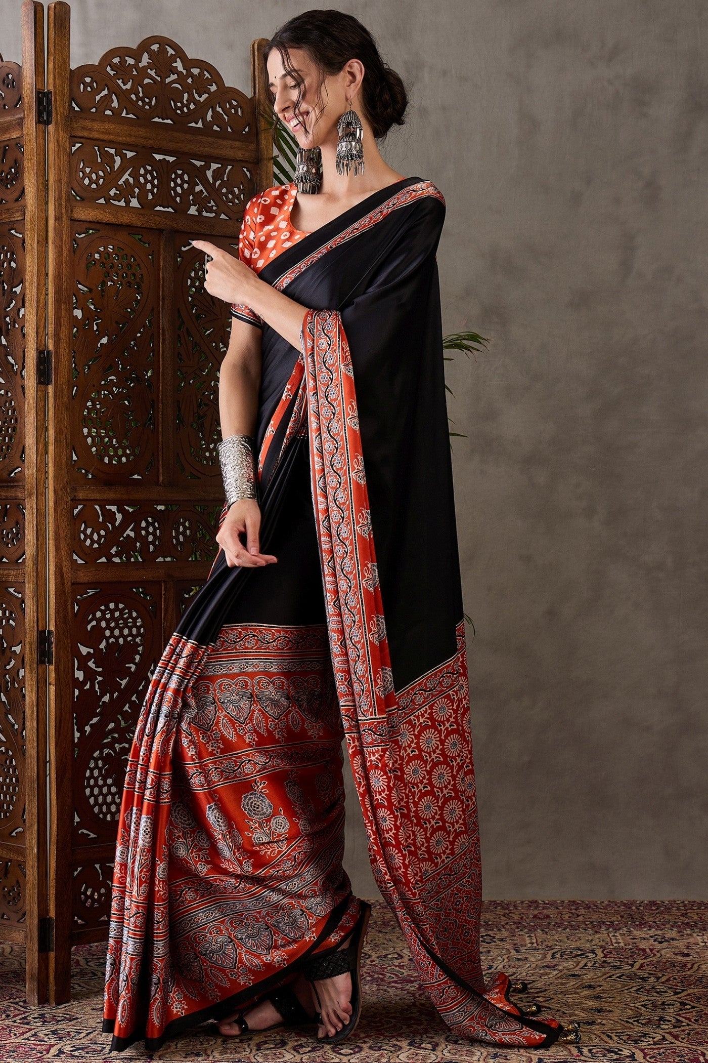 Buy MySilkLove Licorice Black Printed Satin Gaji Silk Saree Online