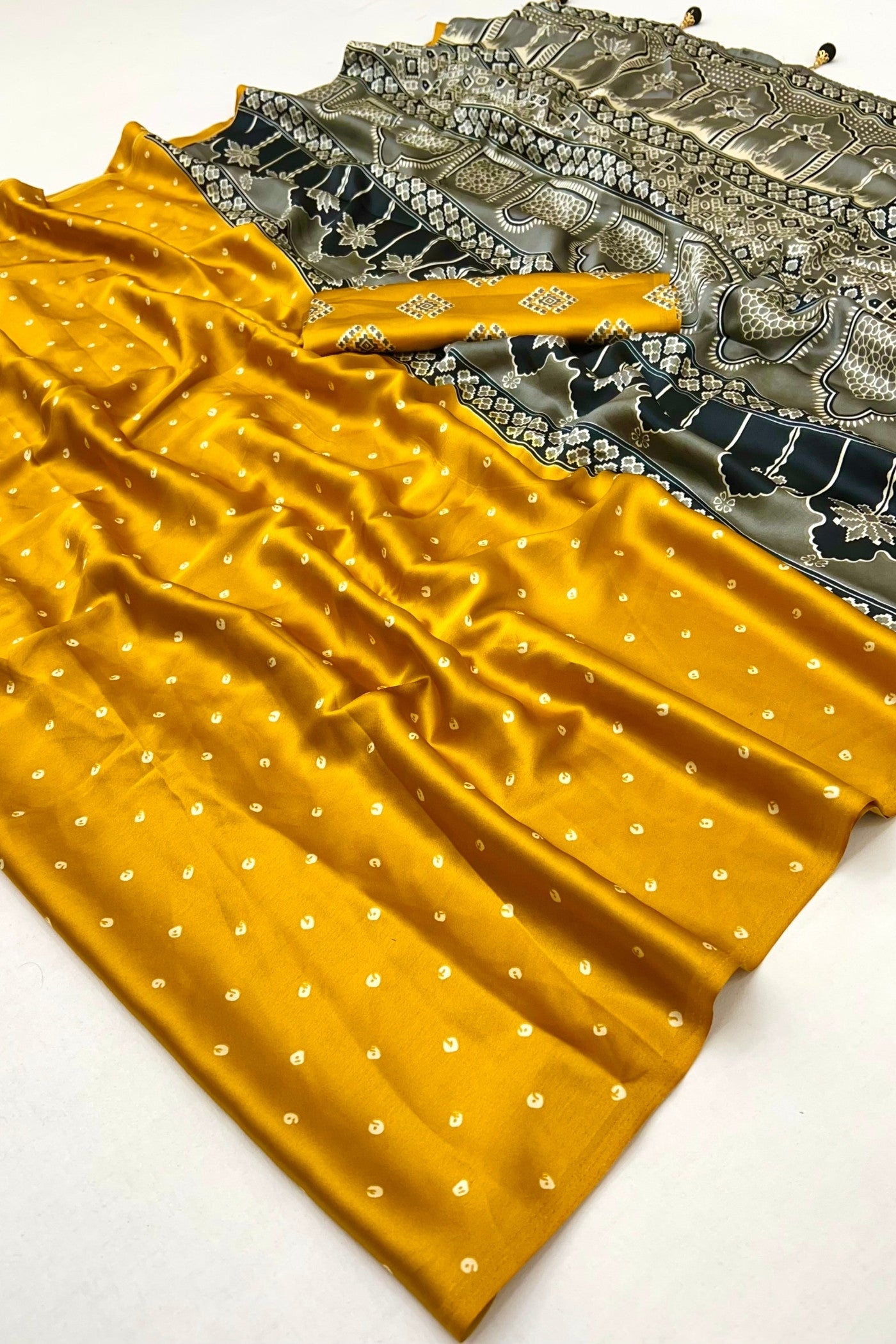 Buy MySilkLove Royal Yellow Ajrakh Printed Satin Crepe Silk Saree Online