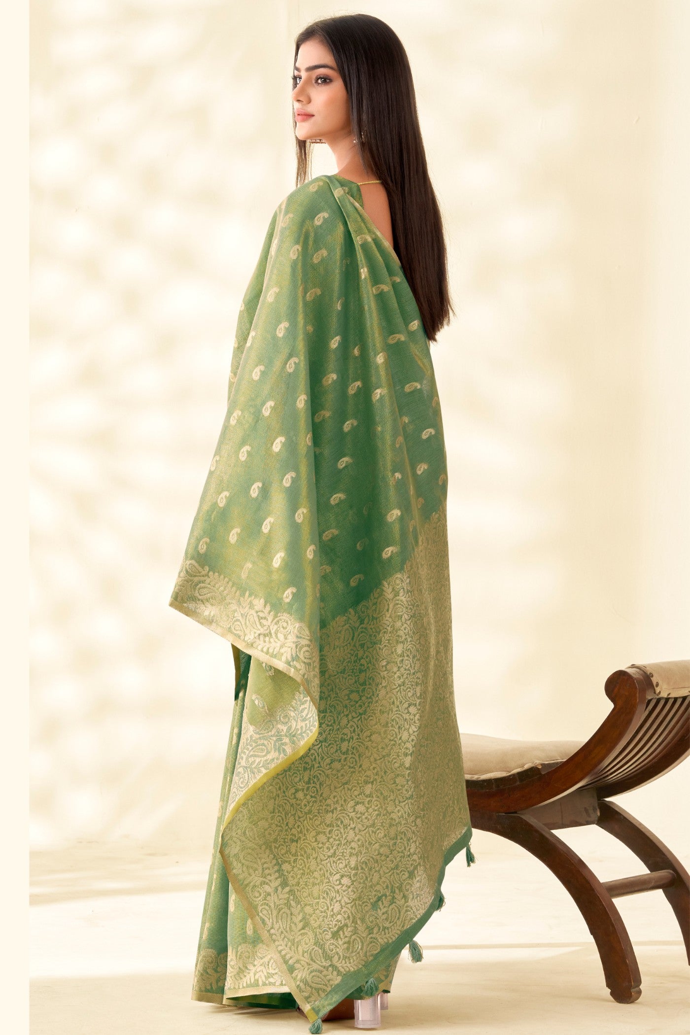 Buy MySilkLove Fern Green Woven Tissue Linen Saree Online