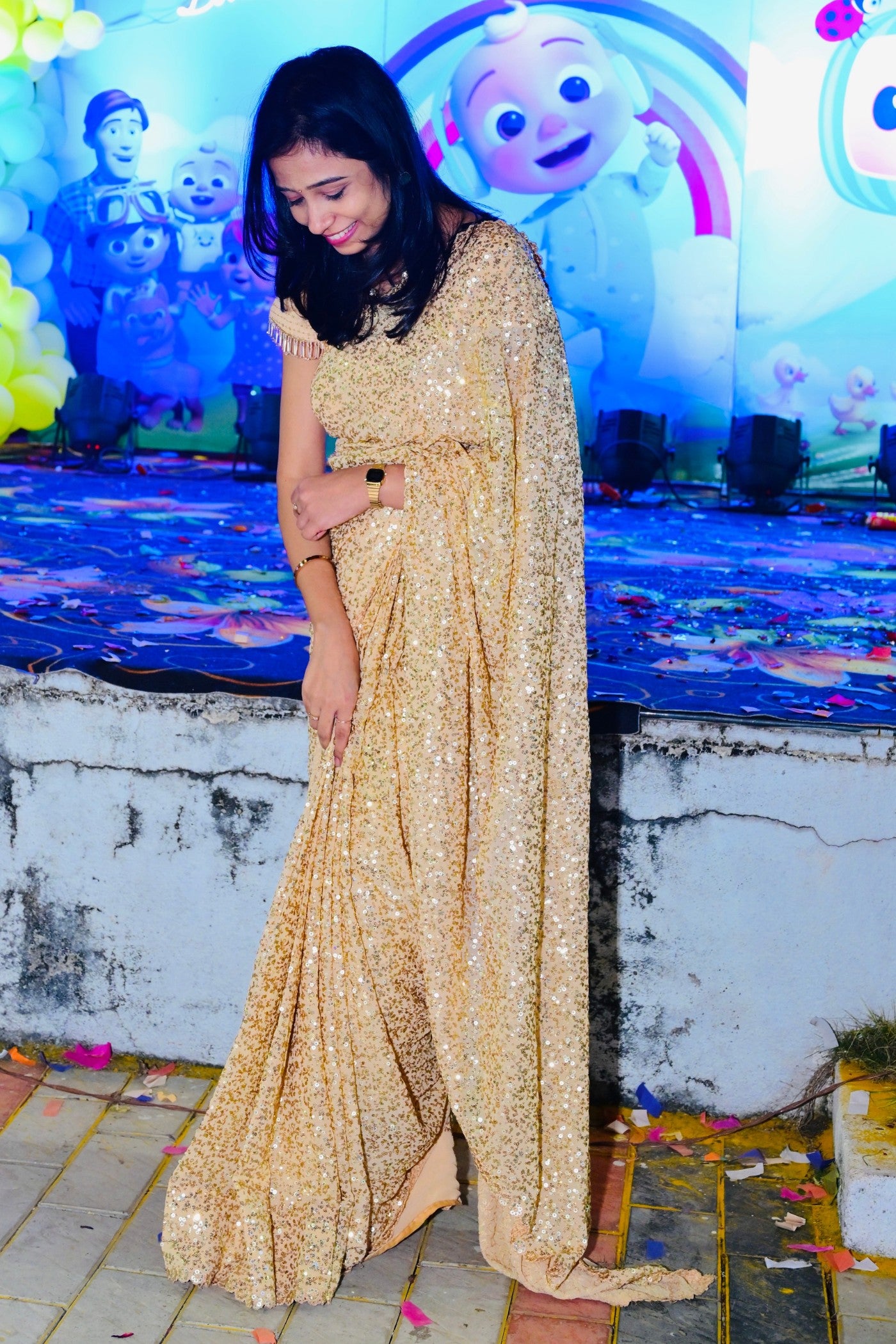 Buy MySilkLove Sandal Golden Ready To Wear Georgette Partywear Saree Online