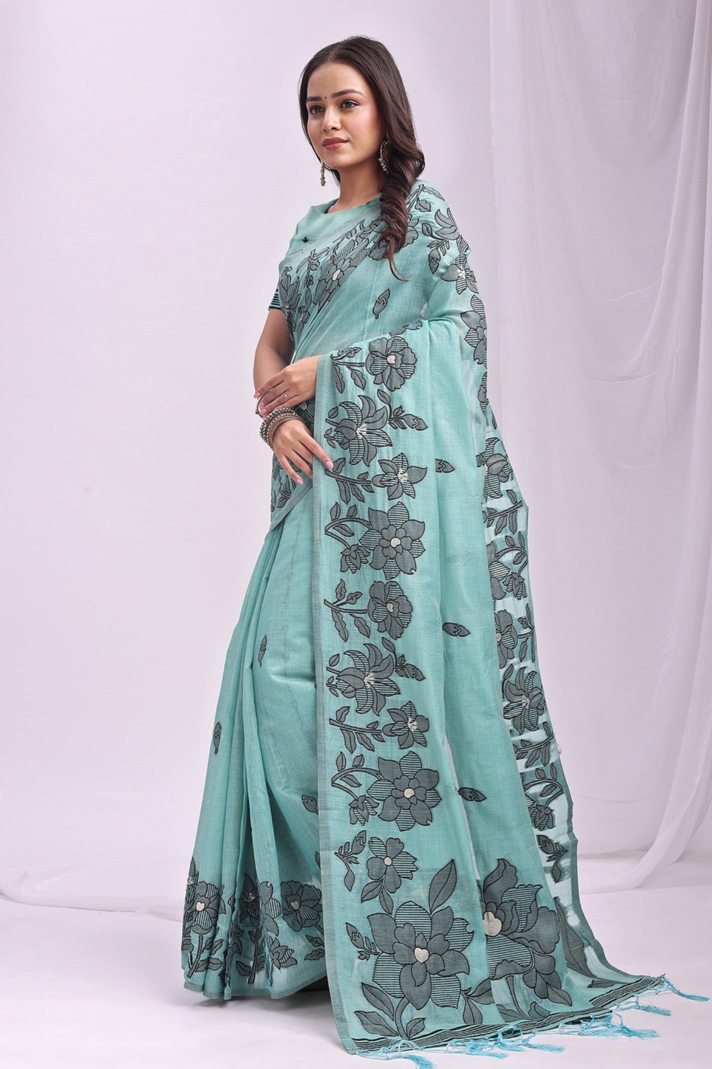 Buy MySilkLove Sea Blue Woven Linen Cotton Saree Online