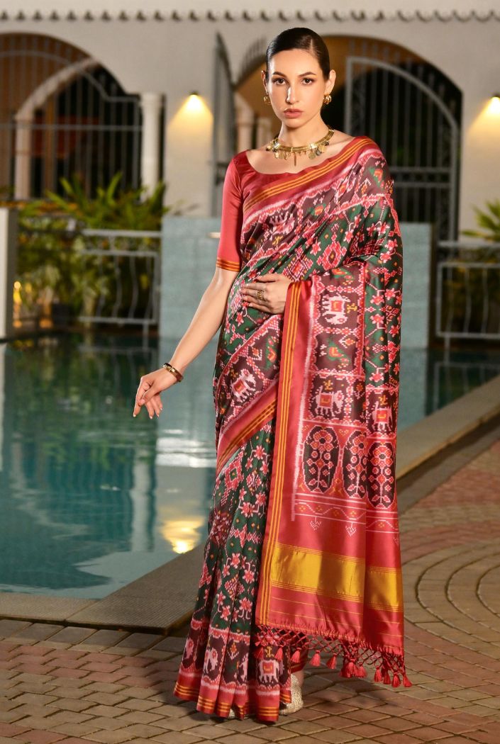 Buy MySilkLove Mantis Green Printed Patola Soft Silk Saree Online