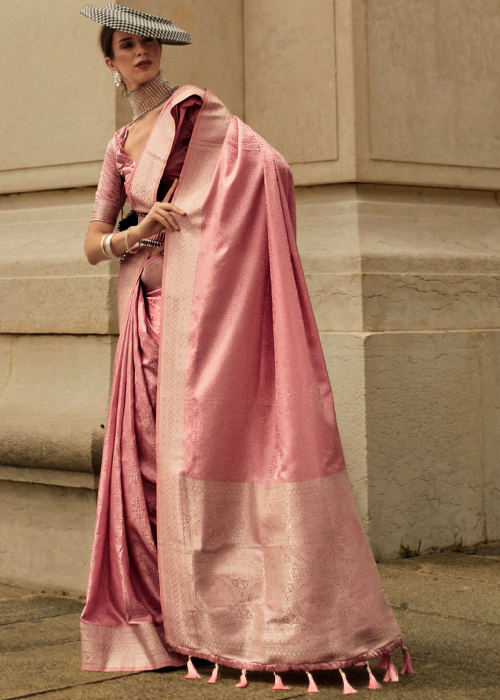 Buy MySilkLove Tonys Peach Woven Banarasi Satin Silk Saree Online