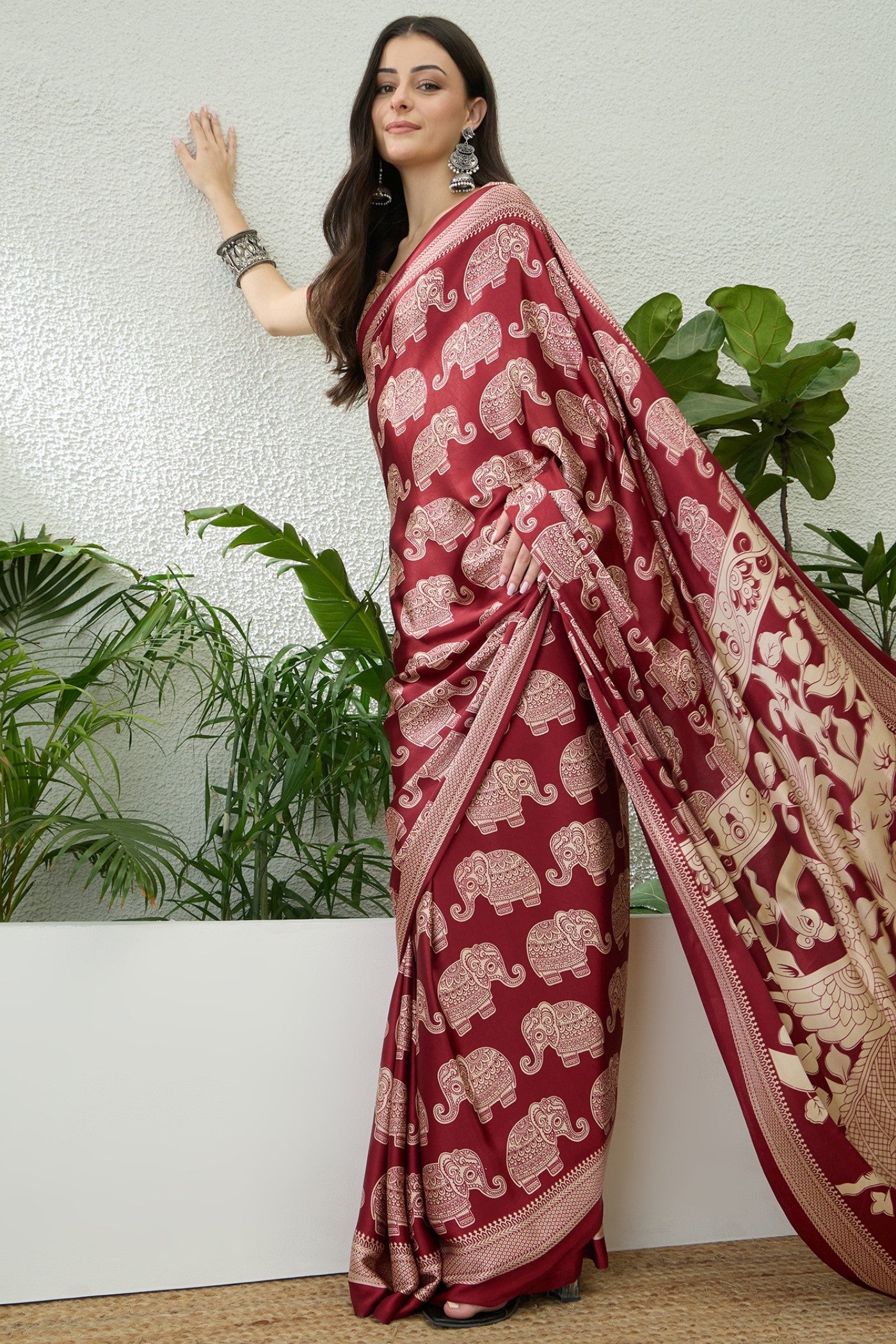 Buy MySilkLove Luxury Marron Ajrakh Printed Satin Crepe Silk Saree Online