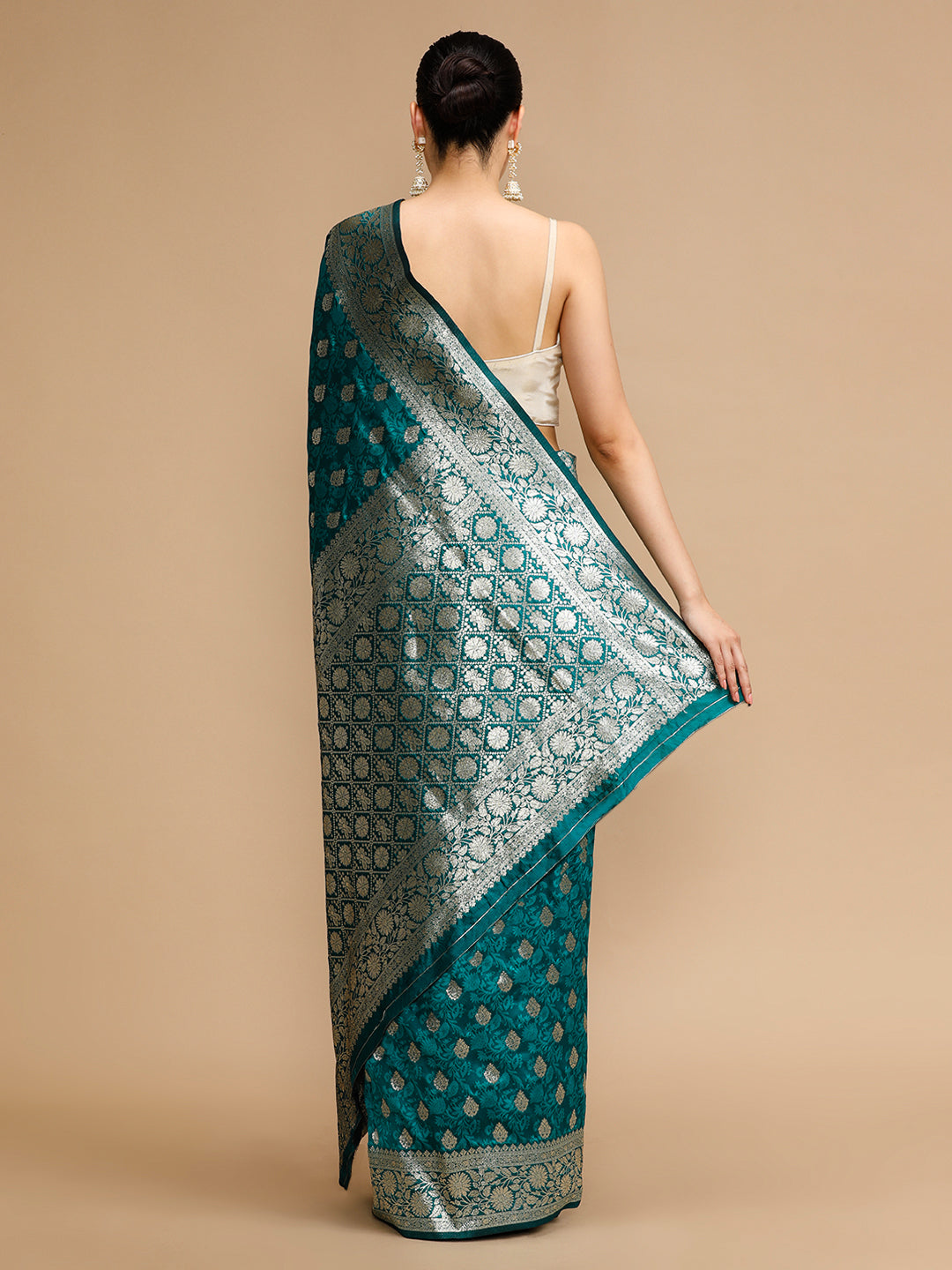 Buy MySilkLove Viridian Green Woven Jacquard Lichi Silk Saree Online