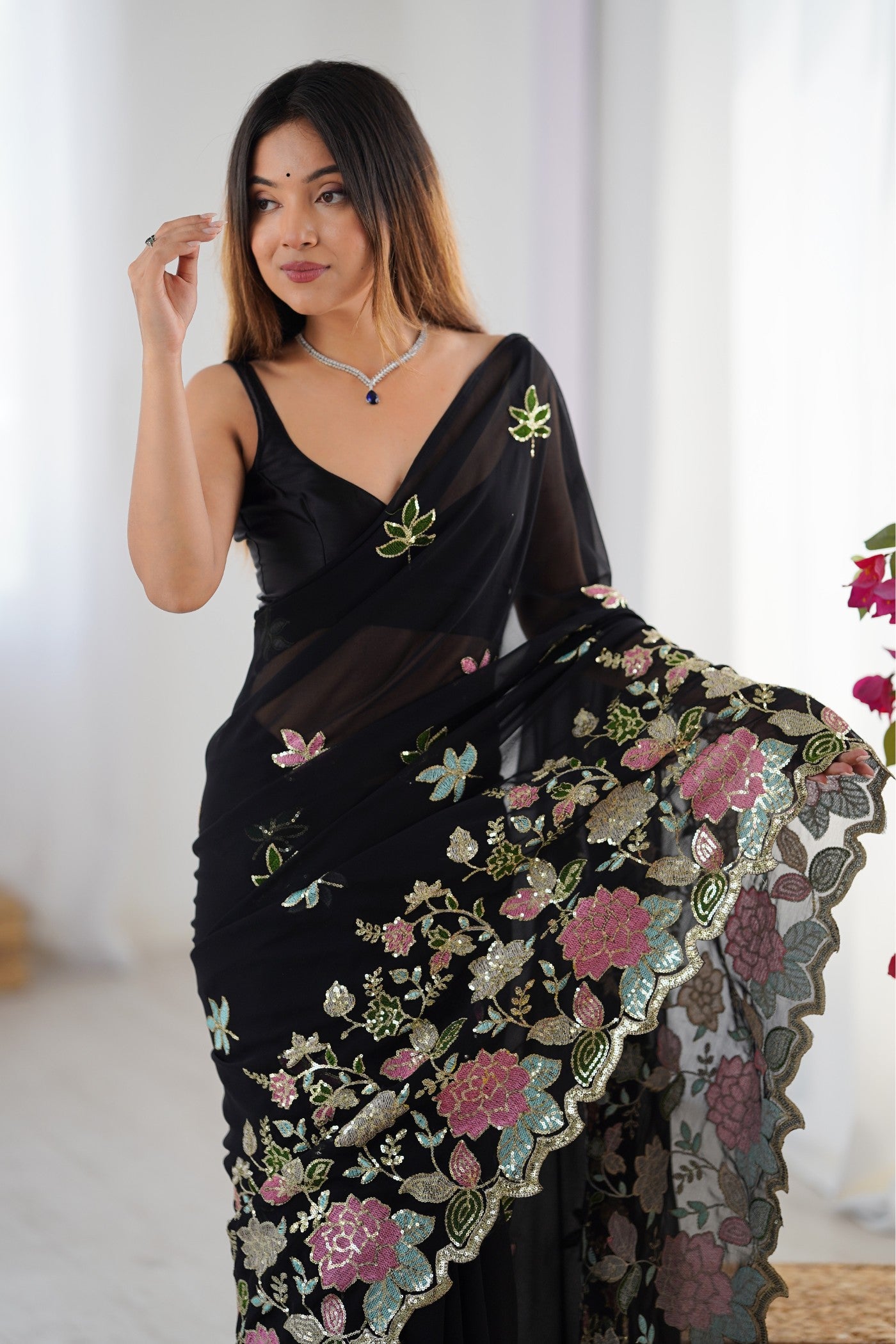 Buy MySilkLove Licorice Black Georgette Partwaer Saree Online