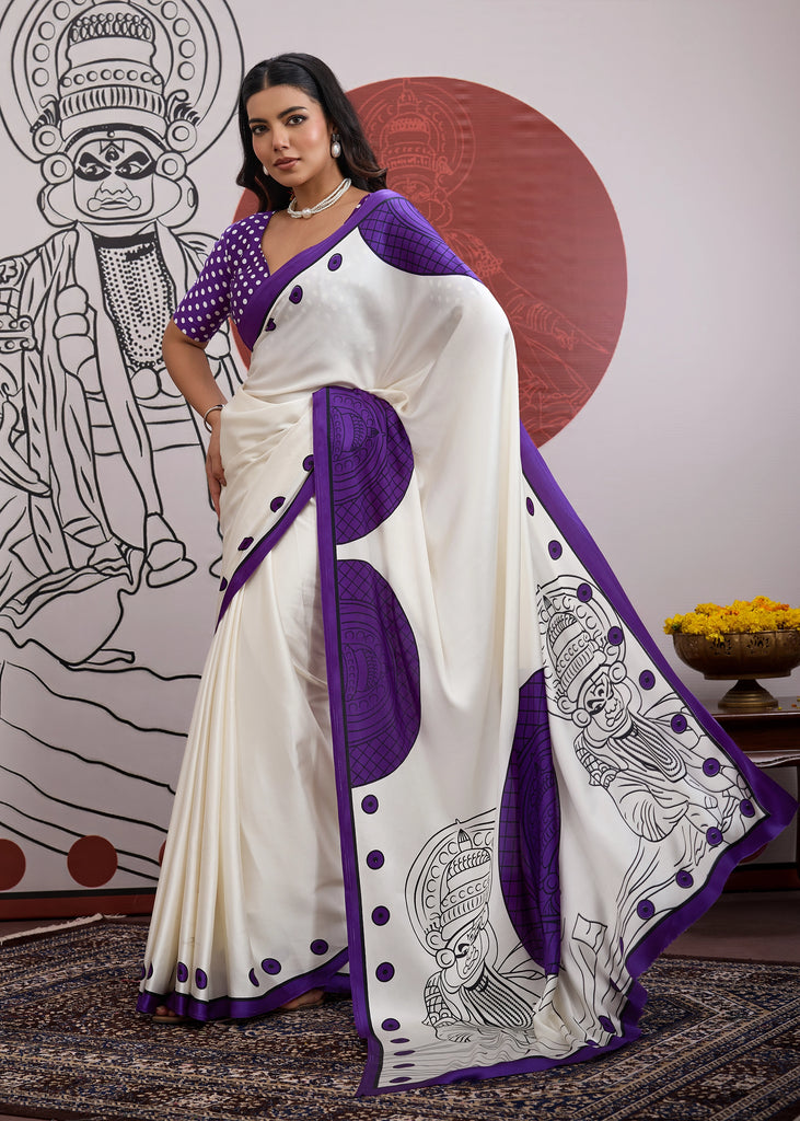 Buy MySilkLove Grape Purple and White Printed Satin Crepe Silk Saree Online