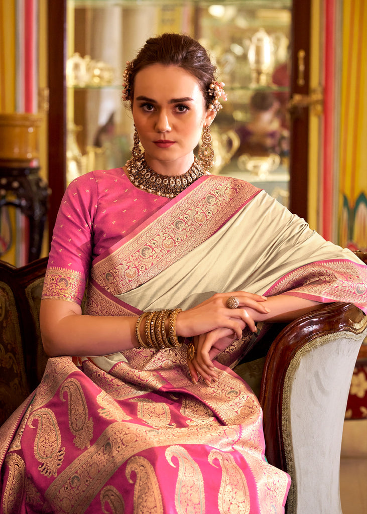 Buy MySilkLove Vanilla Cream Woven Banarasi Soft Silk Saree Online