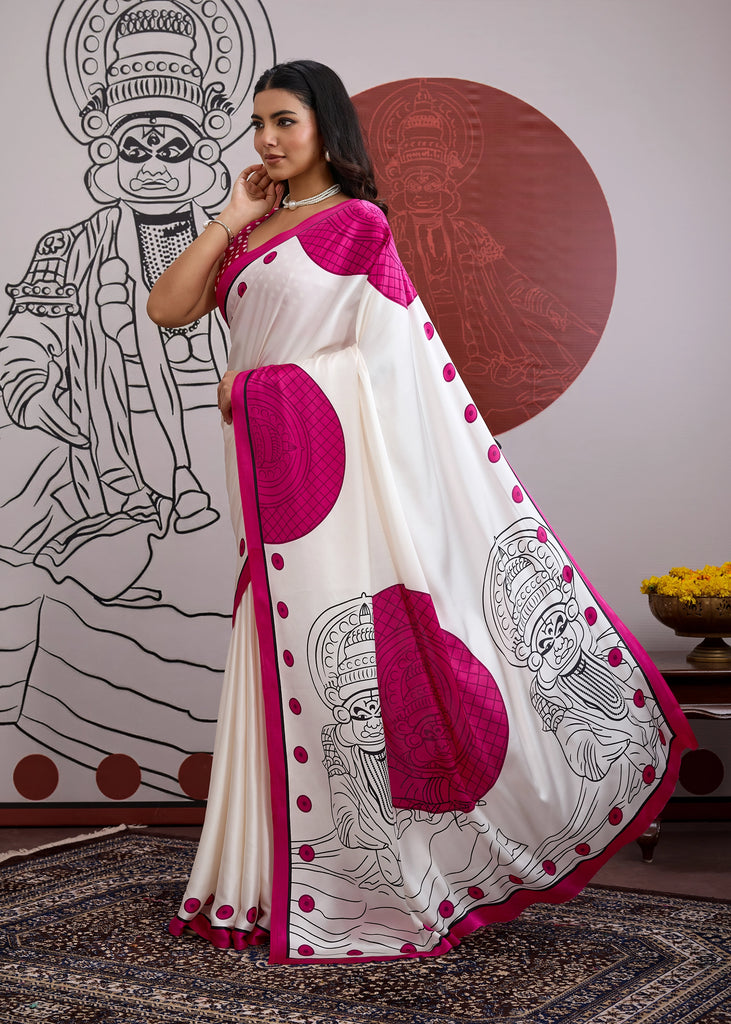 Buy MySilkLove Ultra Pink and White Printed Satin Crepe Silk Saree Online