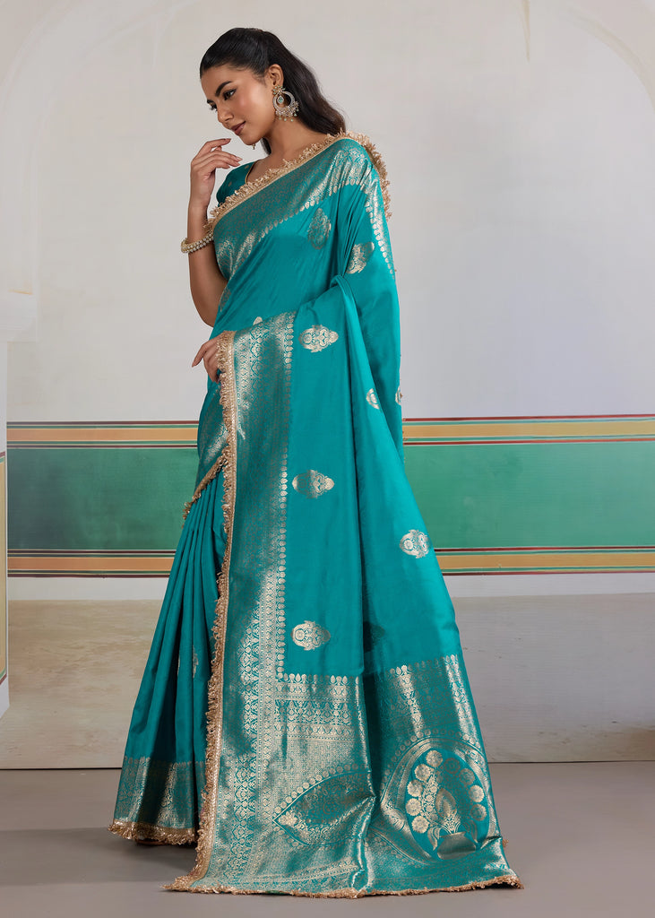 Buy MySilkLove Cyan Bue Woven Banarasi Satin Silk Saree Online