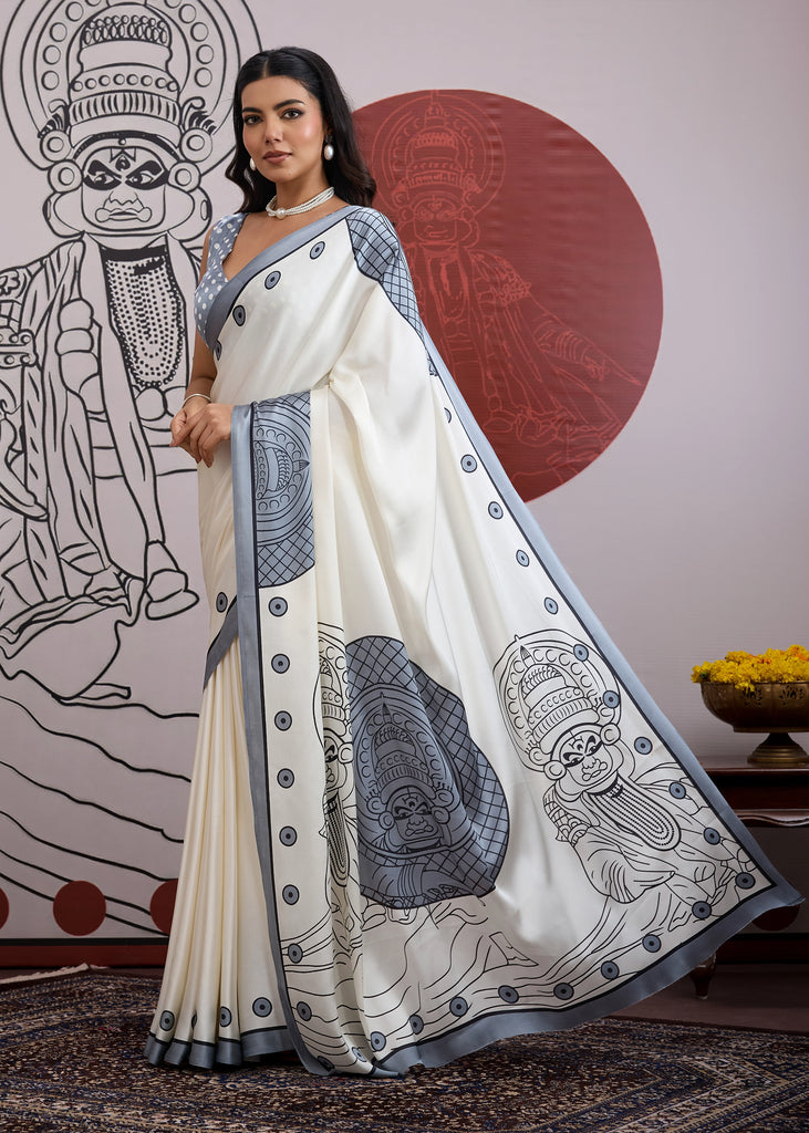 Buy MySilkLove Seal Grey and White Printed Satin Crepe Silk Saree Online