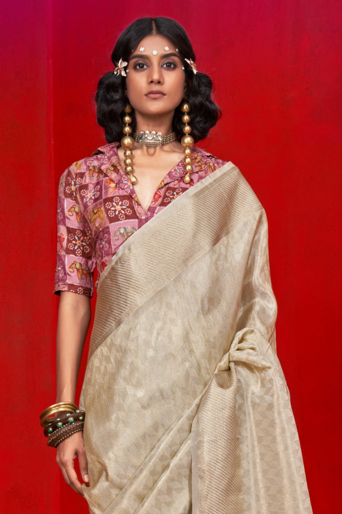 Buy MySilkLove Pancho Cream Woven Tissue Silk Saree Online