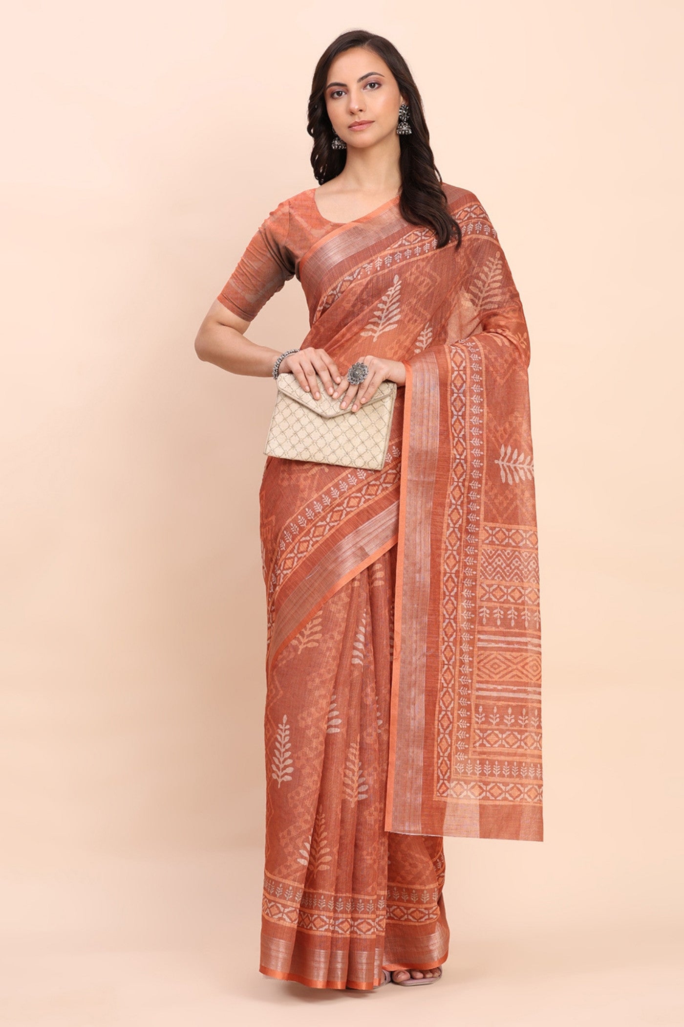 Buy MySilkLove Glossy Orange Woven Linen Cotton Saree Online