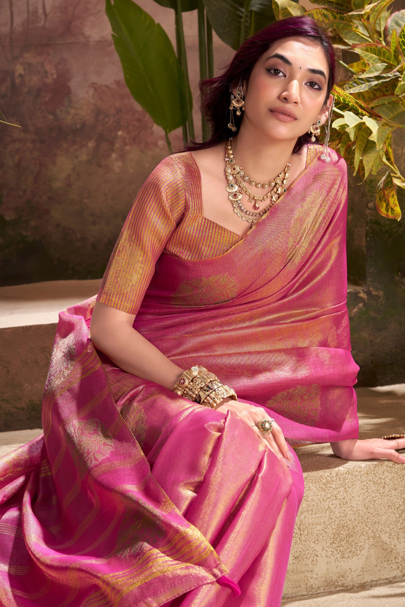 Buy MySilkLove Brick Pink Woven Tissue Saree Online