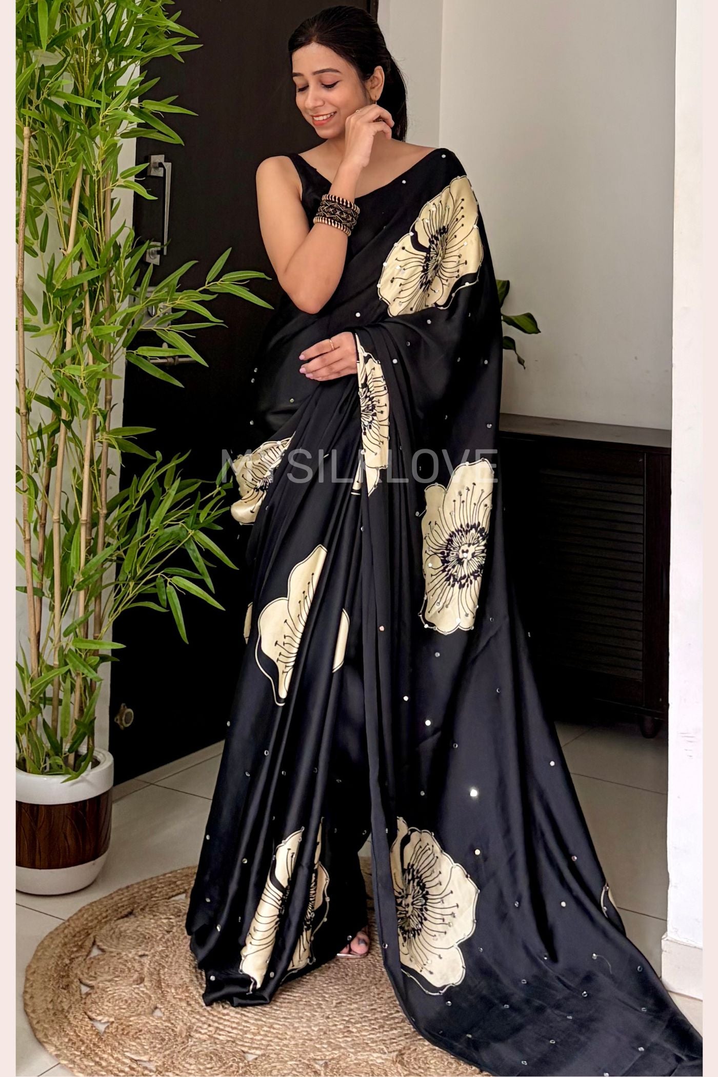 Buy MySilkLove Dusk Black Satin Floral Printed Mirror Work Silk Saree Online