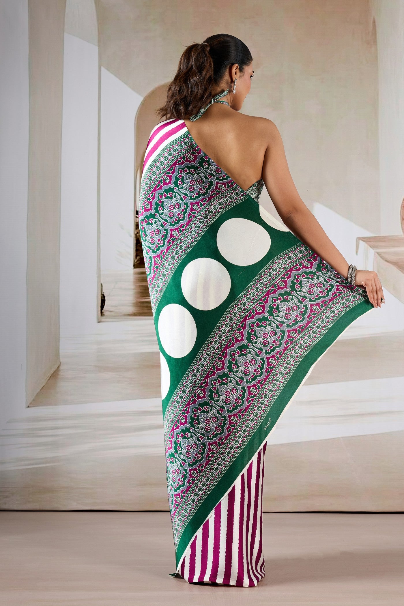 Buy MySilkLove Winter Pink Stripe Ajrakh Printed Satin Crepe Silk Saree Online