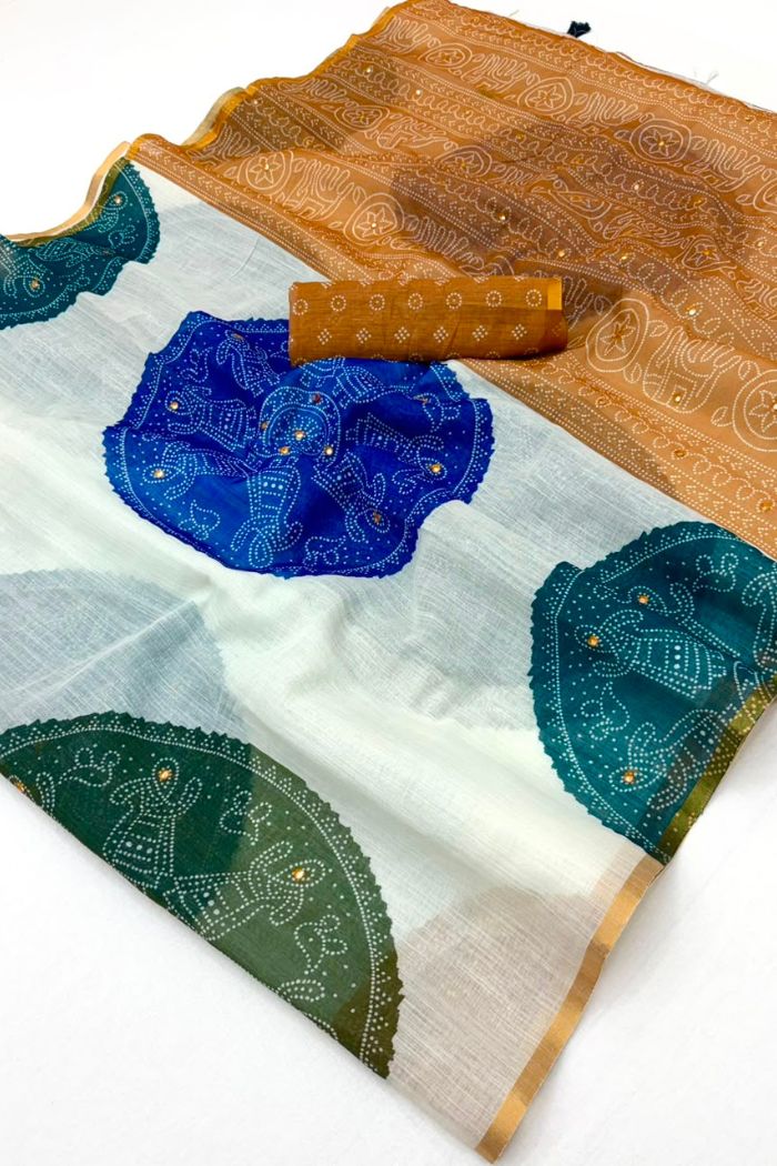 Buy MySilkLove Multicolor White Linen Bandhani Saree with Mirror Work Online