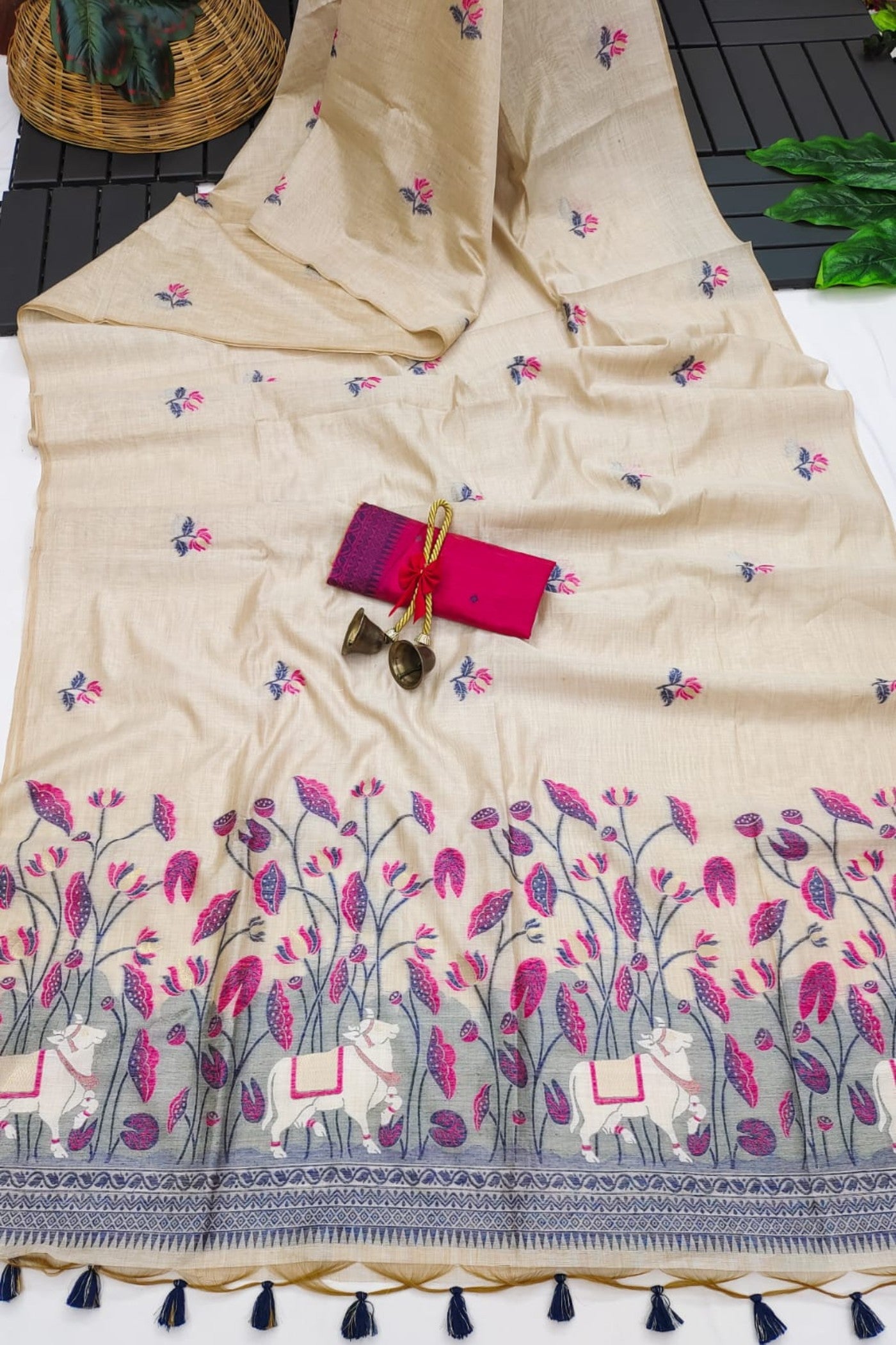 Buy MySilkLove Milk White and Pink Muga Cotton Saree Online