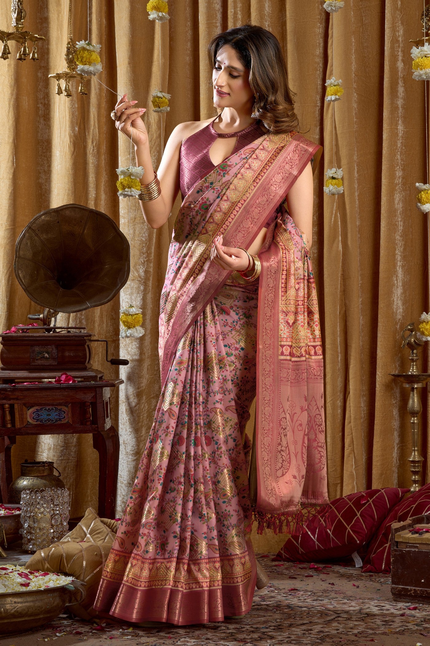 Buy MySilkLove Rose Pink Digital Printed Banarasi Saree Online