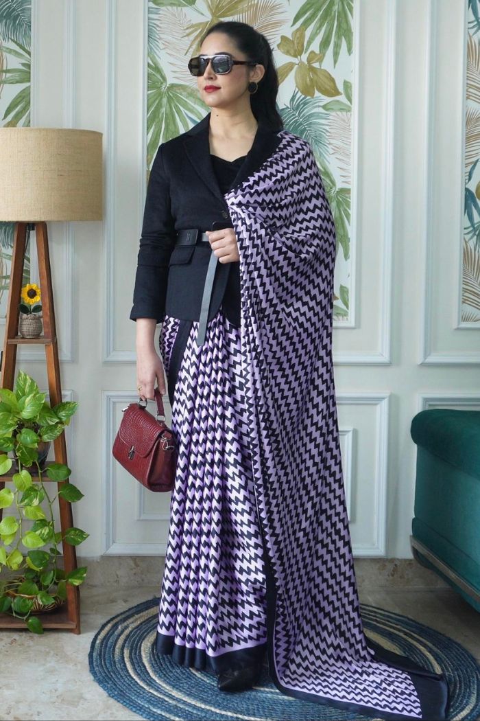 Buy MySilkLove Lilac Purple Printed Satin Crepe Silk Saree Online