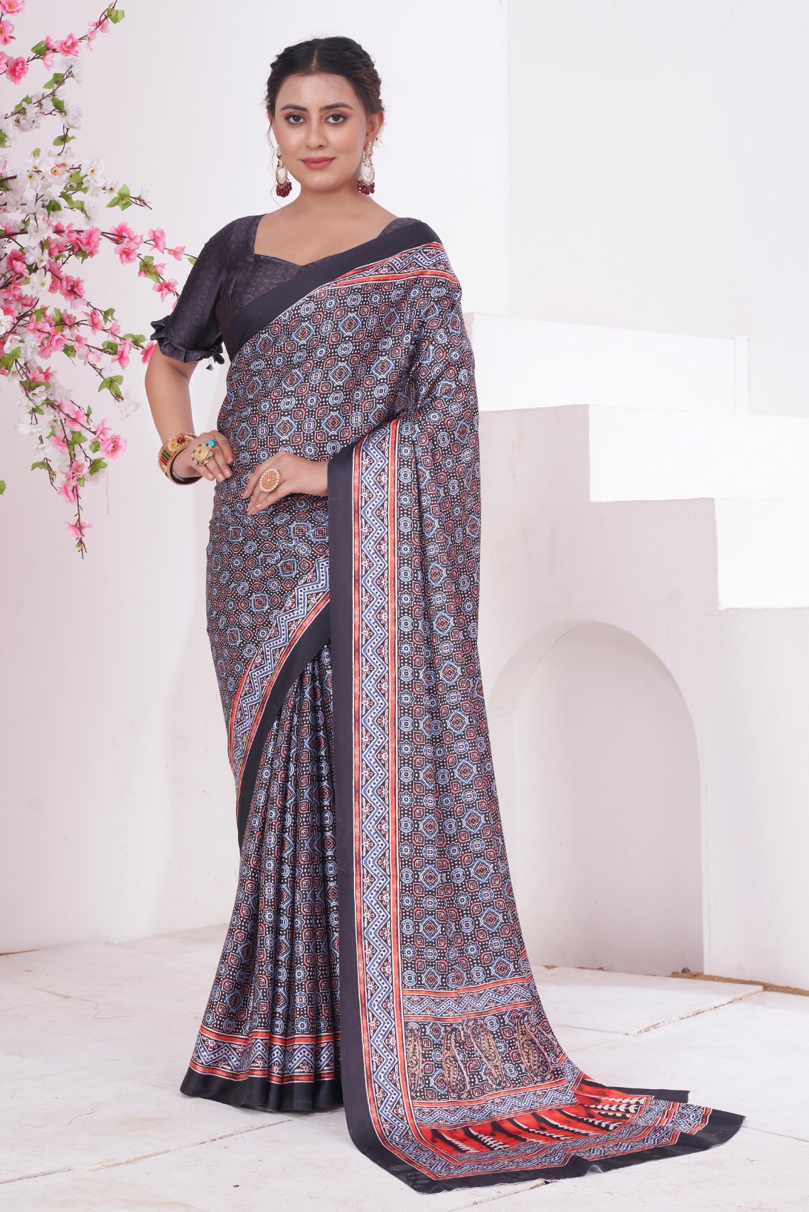 Buy MySilkLove Topaz Black and Grey Ajrakh Printed Satin Crepe Saree Online