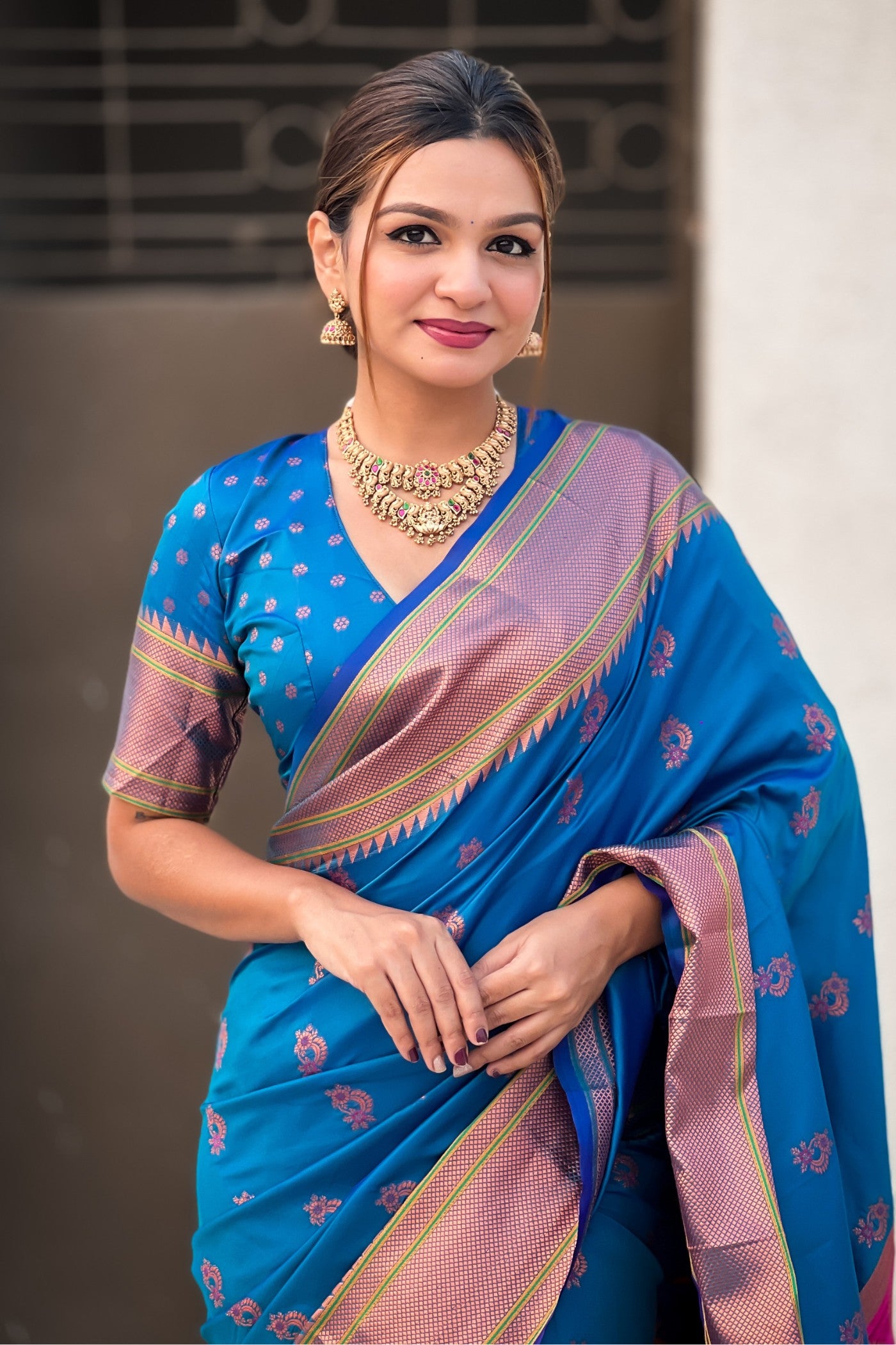 Buy MySilkLove Congress Blue Zari Woven Nath Paithani Saree Online