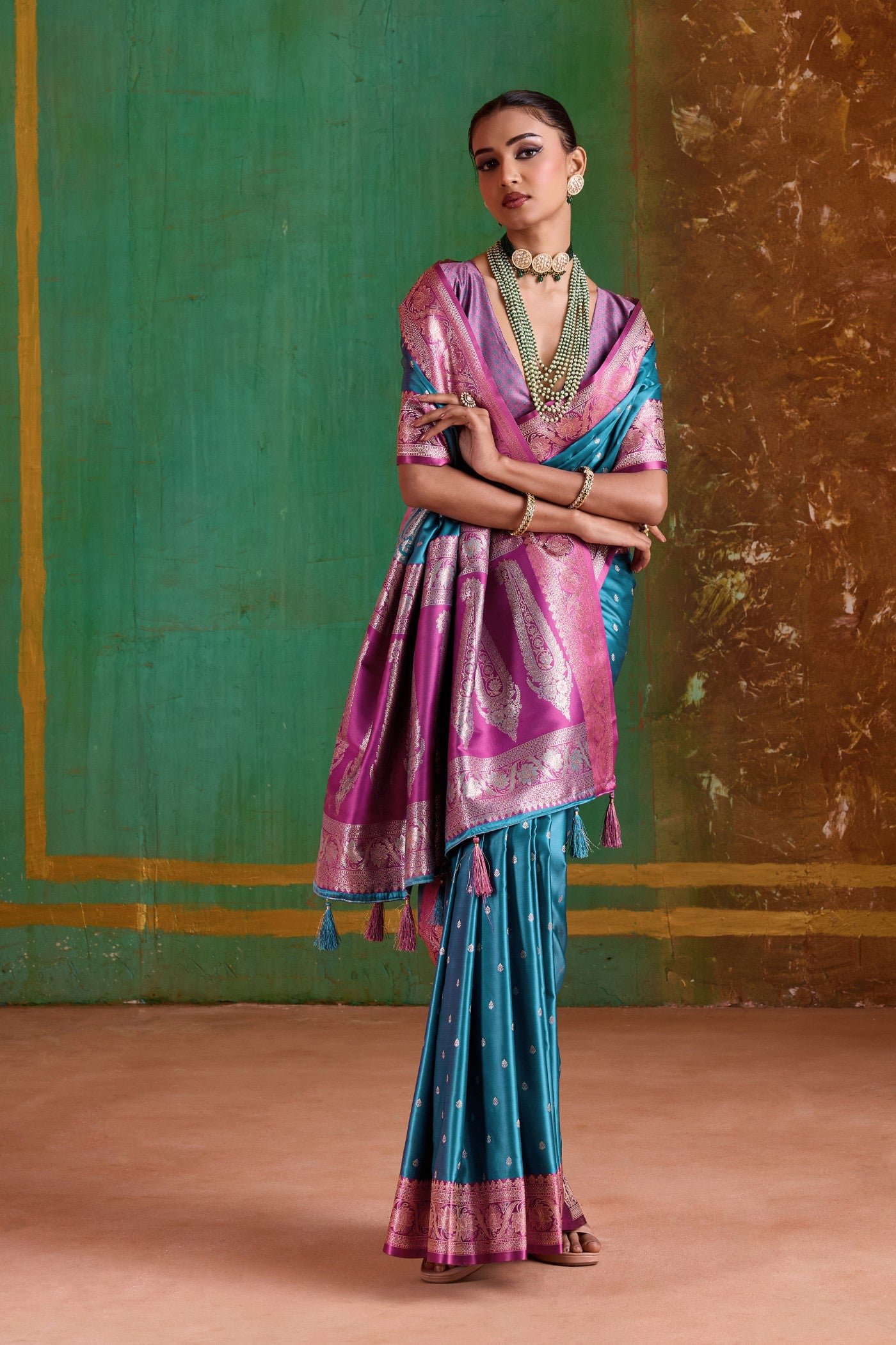 Buy MySilkLove Font Blue Handloom Satin Silk Saree Online
