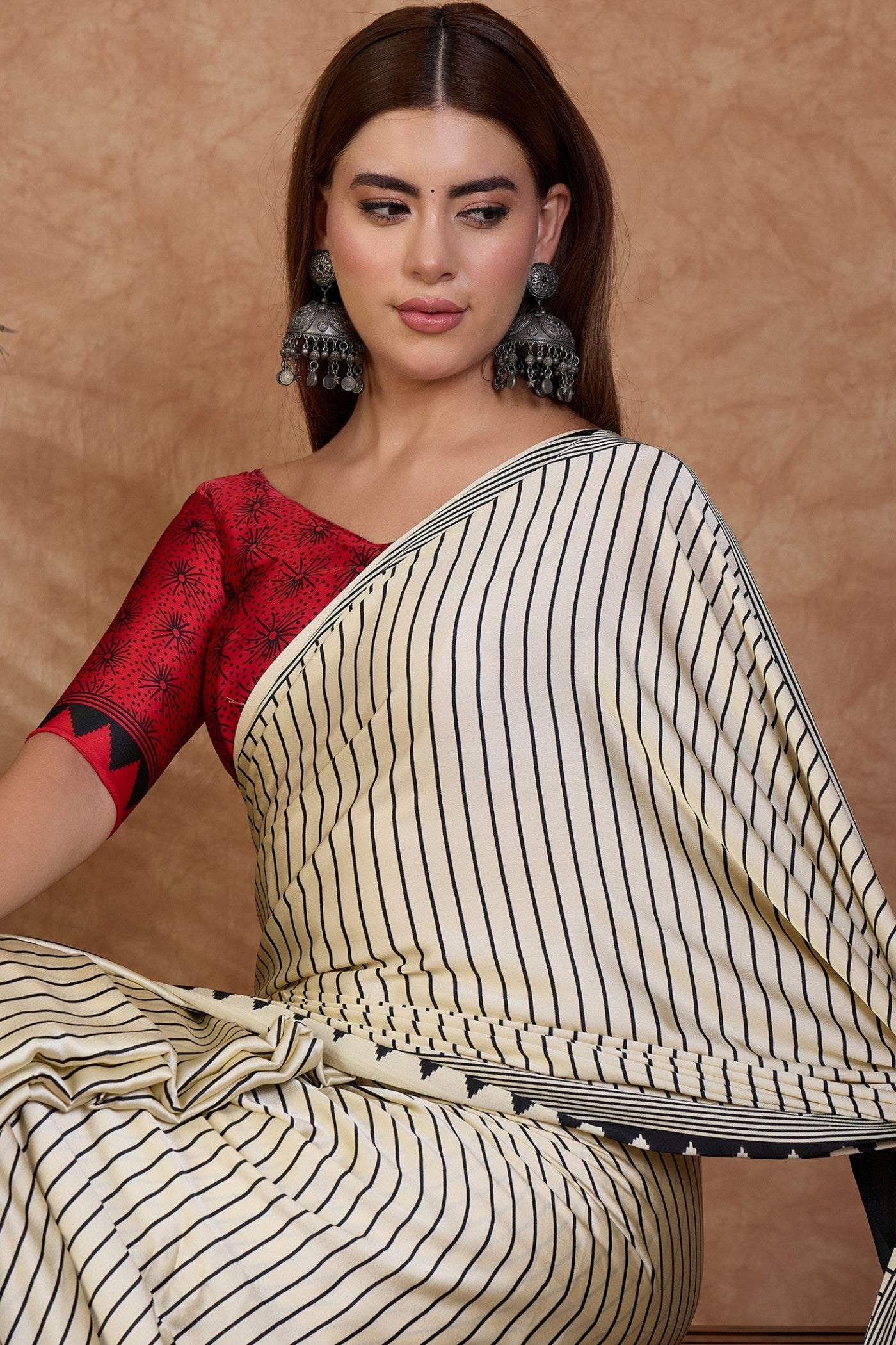 Buy MySilkLove Bone White and Red Stripe Ajrakh Printed Satin Crepe Silk Saree Online