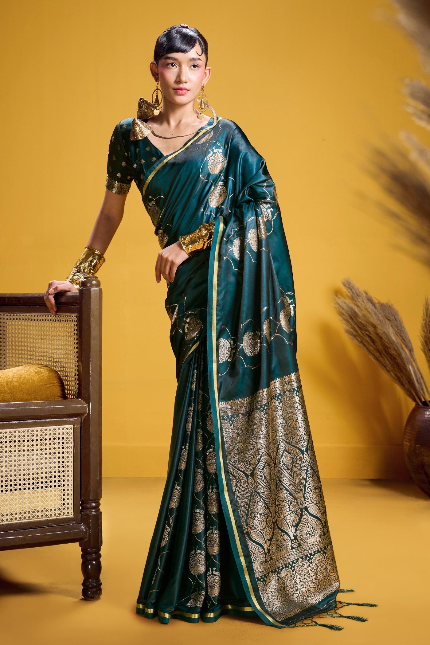 Buy MySilkLove Forest Green Handloom Satin Silk Saree Online