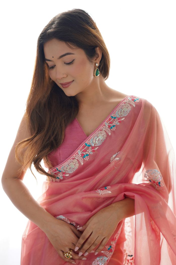 Buy MySilkLove Faded Peach Partywear Net saree Online
