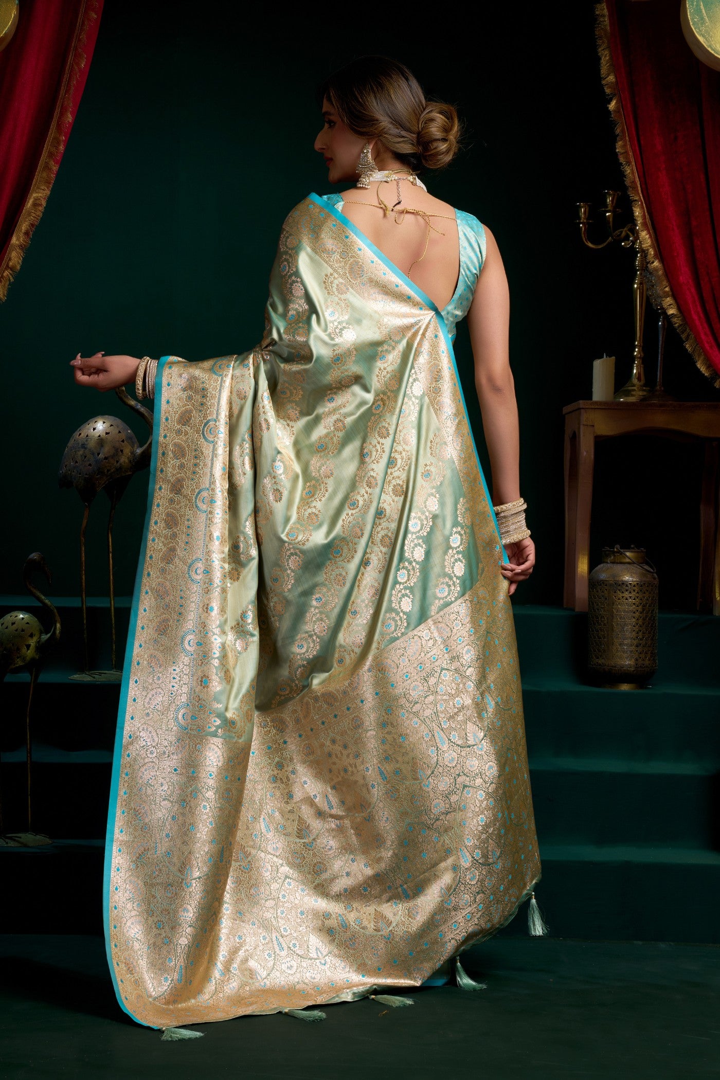 Buy MySilkLove Tiffany Blue Banarasi Handloom Satin Soft Silk Sare Online