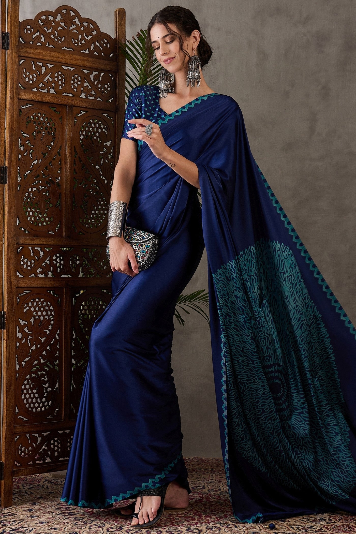 Buy MySilkLove Venice Blue Printed Satin Gaji Silk Saree Online