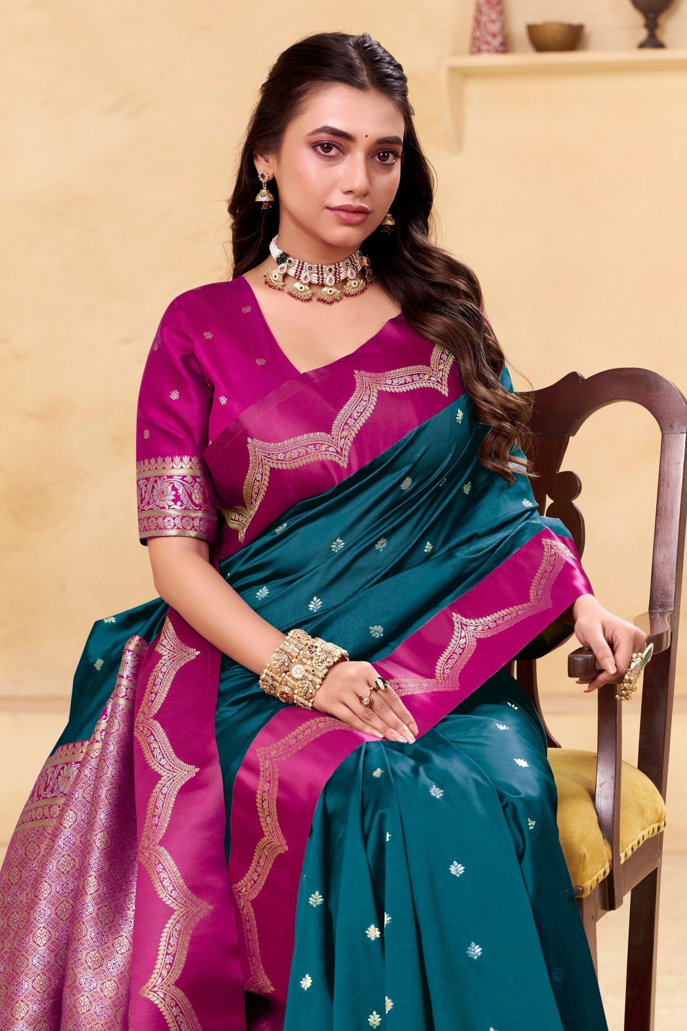 Buy MySilkLove Peacock Blue Woven Banarasi Satin Soft Silk Saree Online