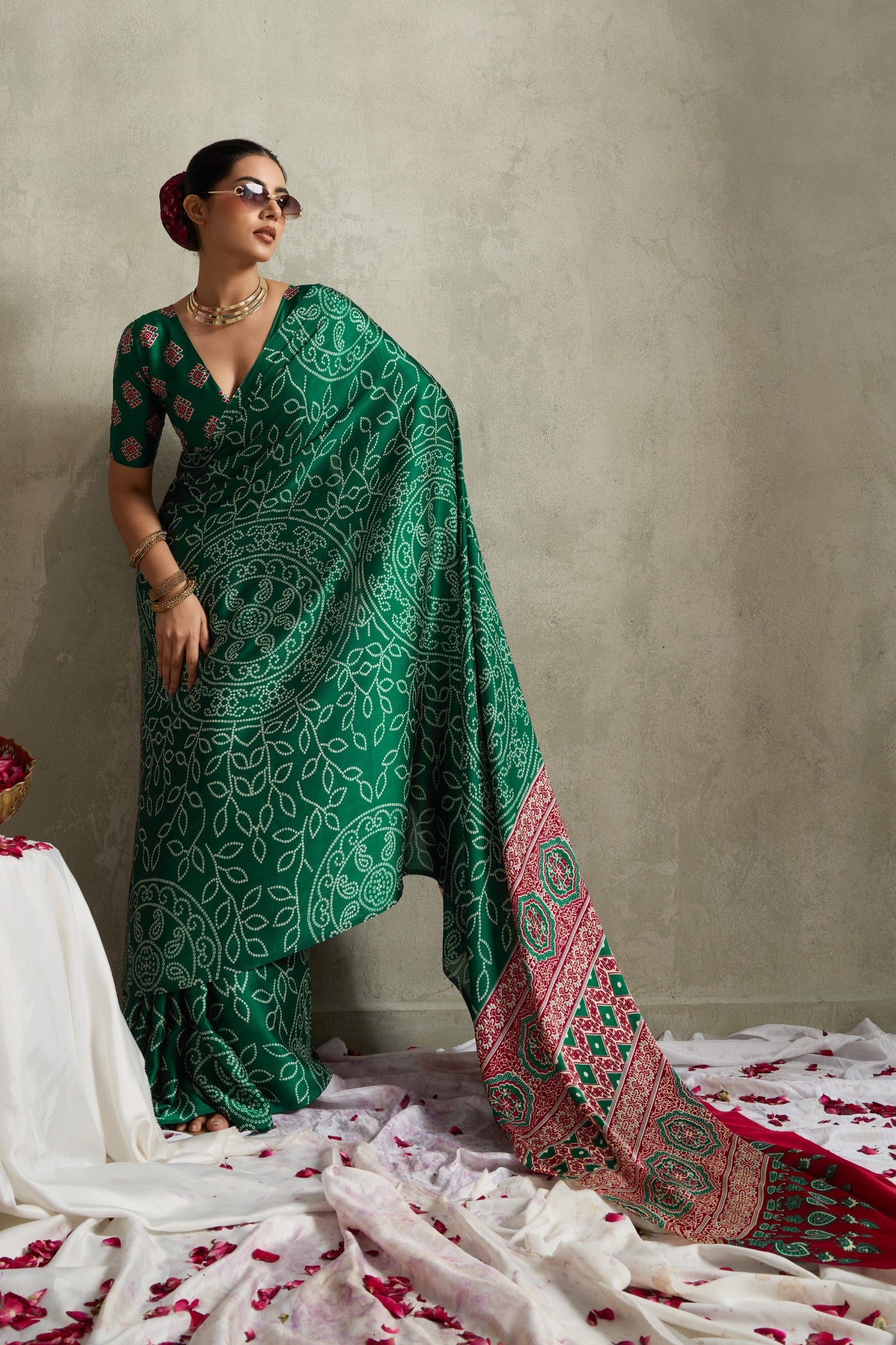 Buy MySilkLove Dark Leaf Green Bandhani Printed Silk Saree Online
