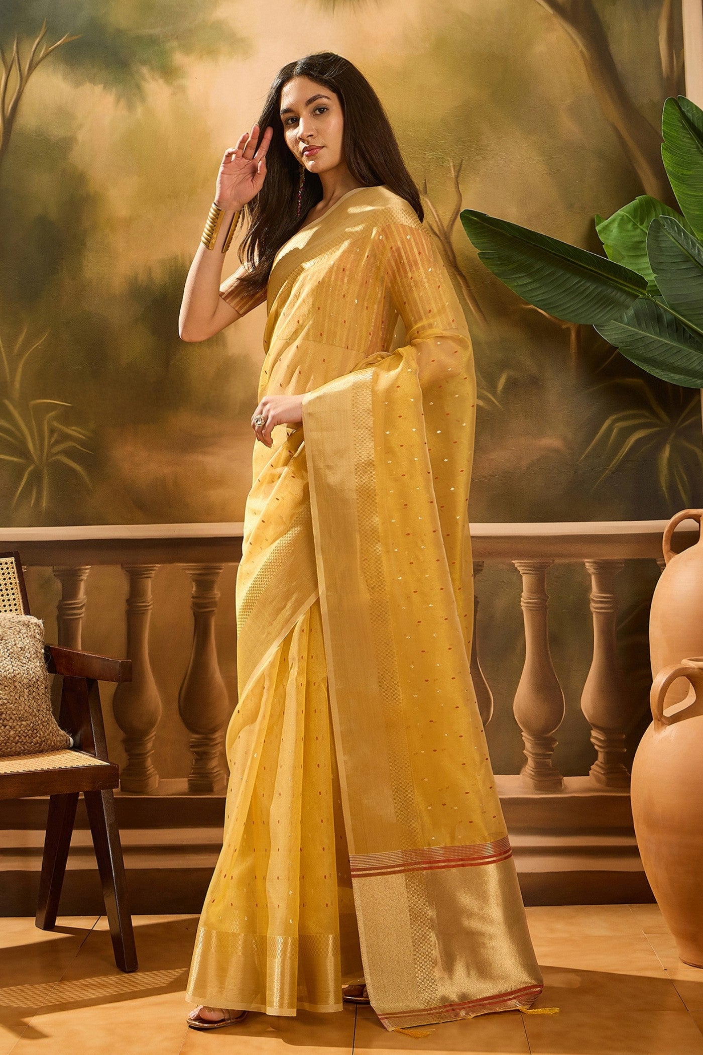 Buy MySilkLove Munsell Yellow Woven Organza Saree Online